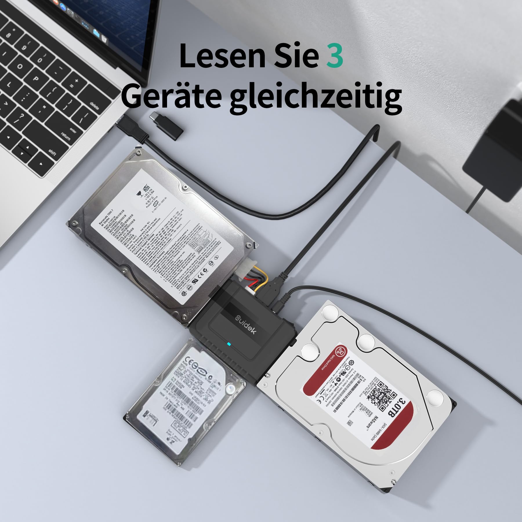 SUIDEK USB 3.0 zu SATA IDE Adapter, Externer IDE Festplatten Auslesen Adapter für universelle 2.5/35 Zoll HDD/SSD Festplatten, SATA zu USB Konverter mit 12V/2A Netzteil