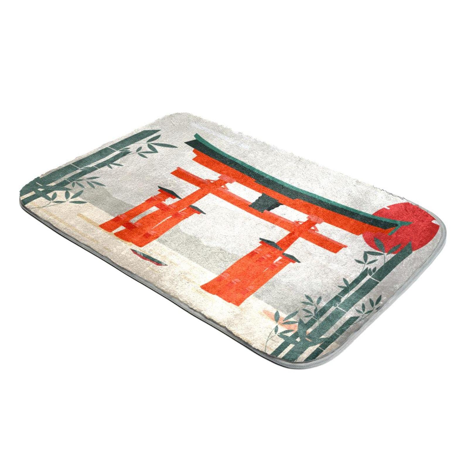 Tapis coucher de soleil Torii japonais vintage en fausse fourrure et bambou à poils longs
