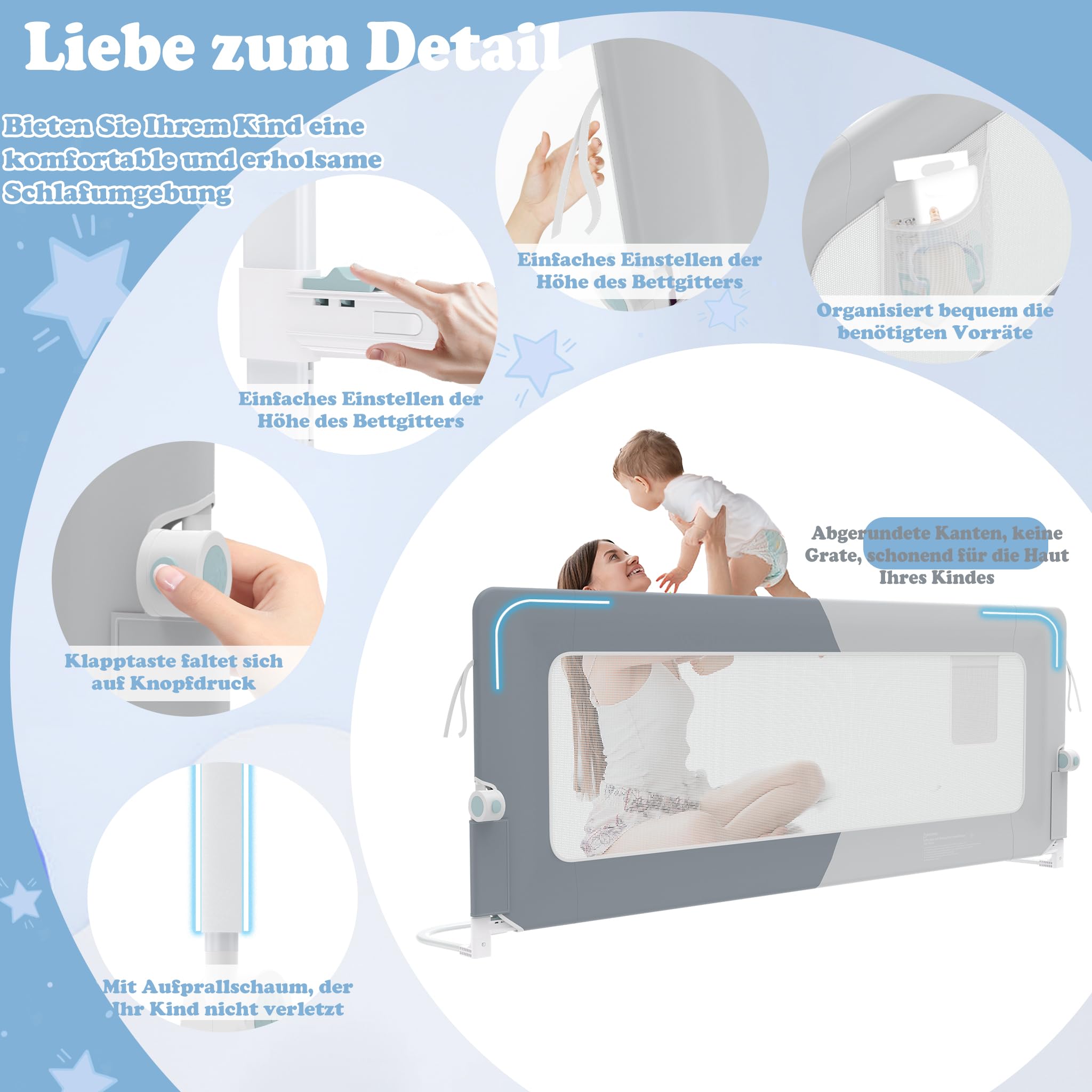 UISEBRT Barrera de cama de 200 cm, plegable, protección contra caídas, altura ajustable para cuna, transpirable, con bolsa de almacenamiento, gris oscuro