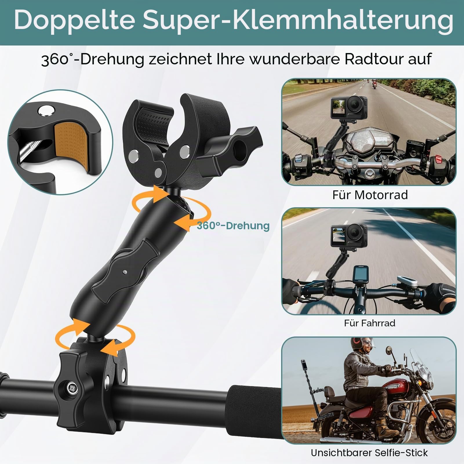 Motorrad Halterung Set, Unsichtbarem Lenker Action Kamera Halterung mit Verstellbare 150cm Selfie Stick und Doppelklemme, 360 Grad Drehung Fahrradlenker Montageset für Insta 360 X4 X5 X3
