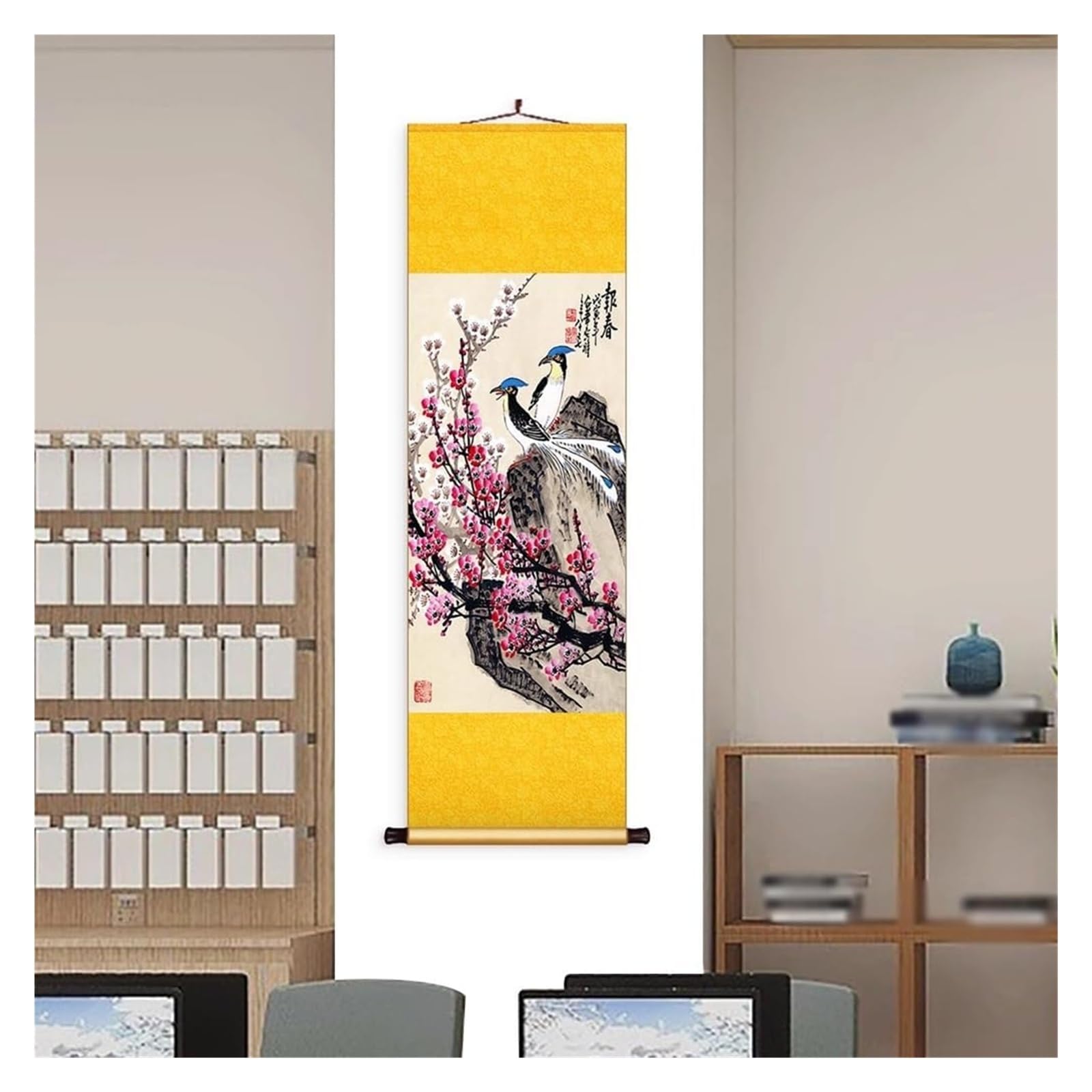 Chińskie malowidło z jedwabnym zwojem "Kwiat Ptak", tradycyjny mural z wiosennym krajobrazem, dekoracja ścienna z azjatyckiego feng shui, sztuka gotowa na prezent(Yellow,40L x 128W cm)