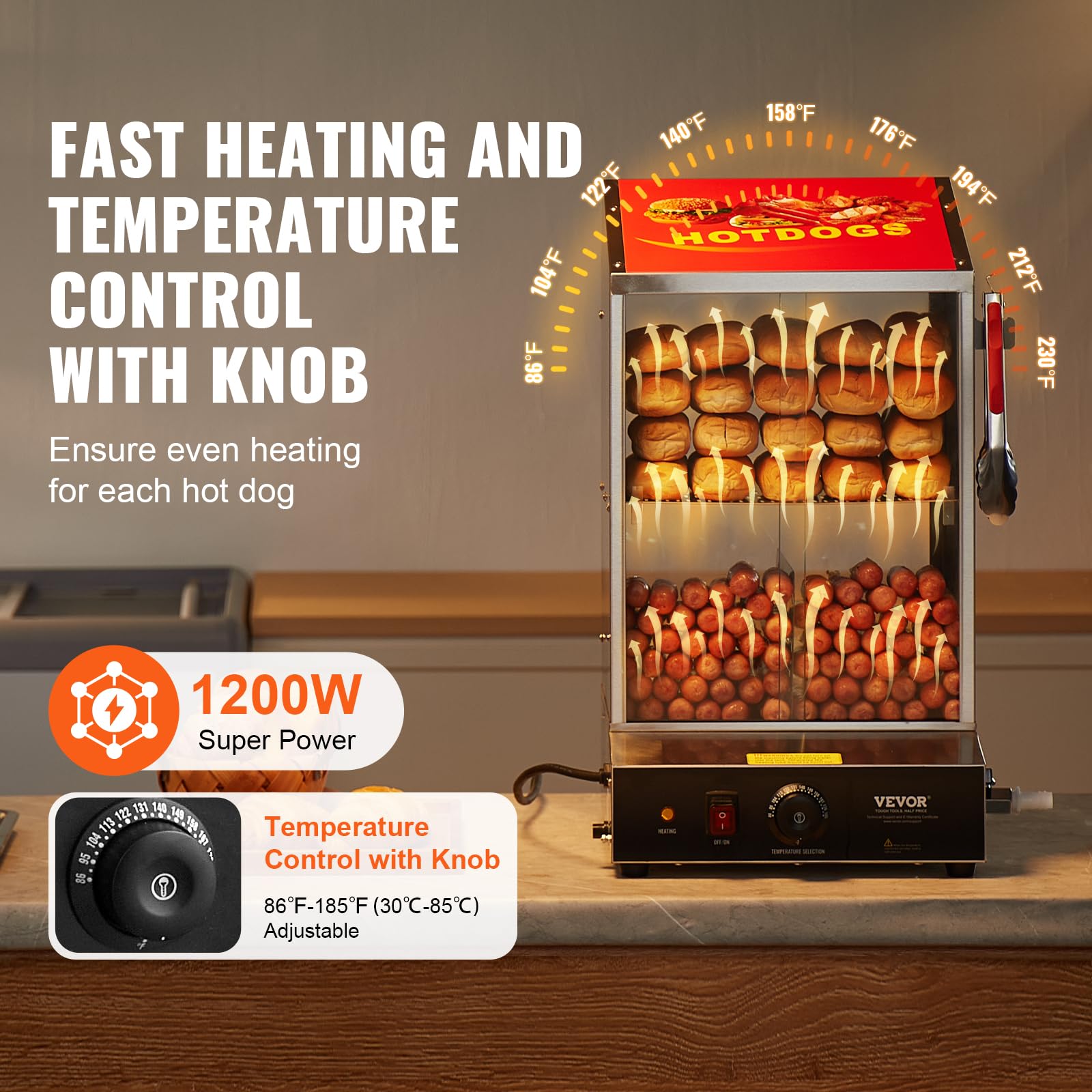 VEVOR Macchine per Hot Dog a Vapore 37L da 2 Ripiani, Controllo Temperatura 30℃~85℃, Macchina Scalda Panini Elettrico con Porte Scorrevoli in Vetro Temperato Piastra Divisoria per Hot Dog Panini