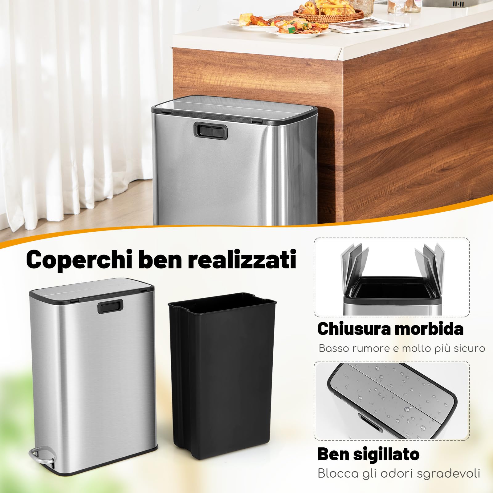 COSTWAY 46L Bidone Rifiuti Acciaio Inox con Pedale, Chiusura Morbida | Cestino Porta Rifiuti con Secchio Interno Rimovibile per Casa Ufficio