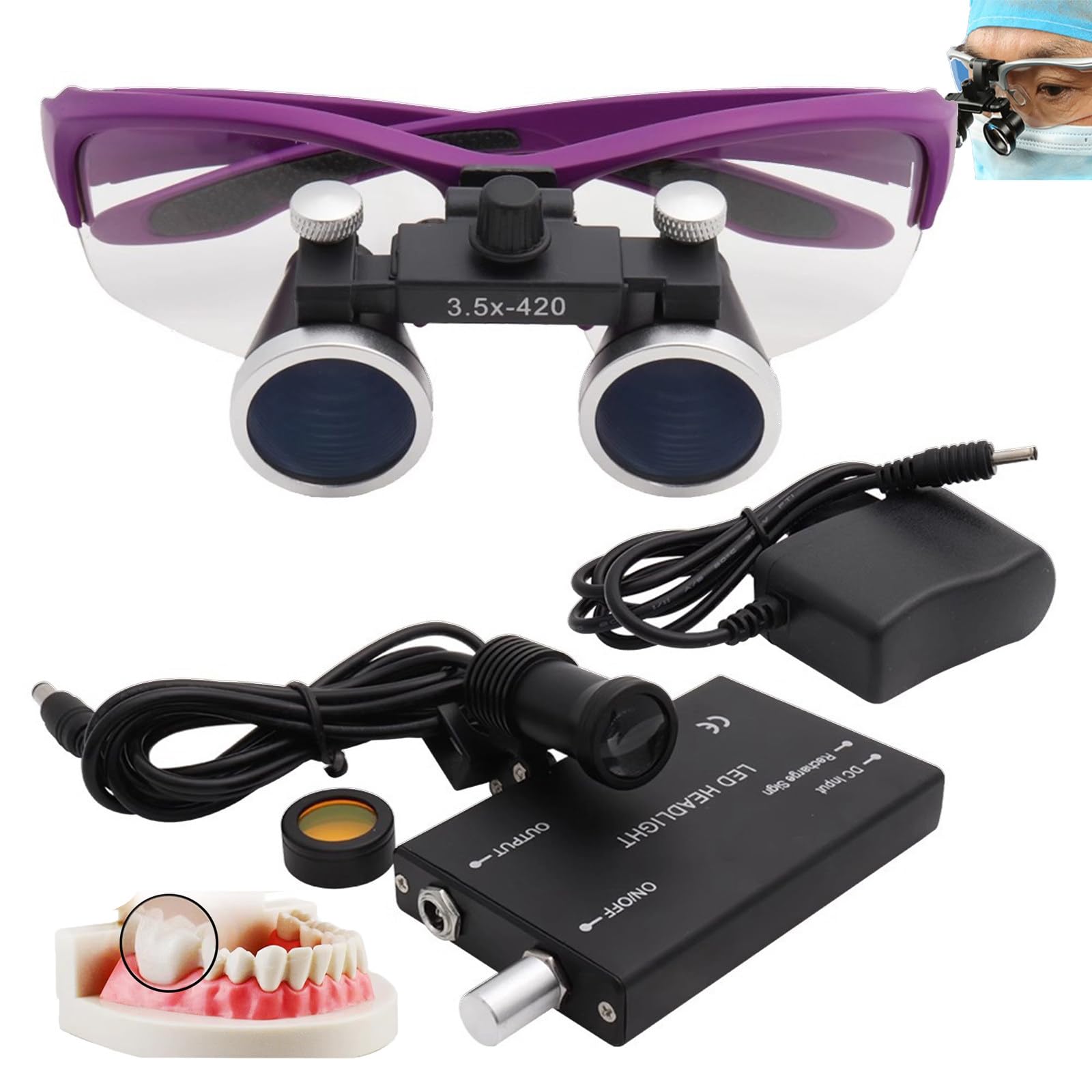Lenti D'Ingrandimento Dentali 2,5X / 3,5X, Lenti D'Ingrandimento Binoculari Chirurgiche + Luce Frontale A Led Da 5W, Portatili Ultraleggere, Attrezzatura Da Laboratorio Per Dentista,Purple-3.5X