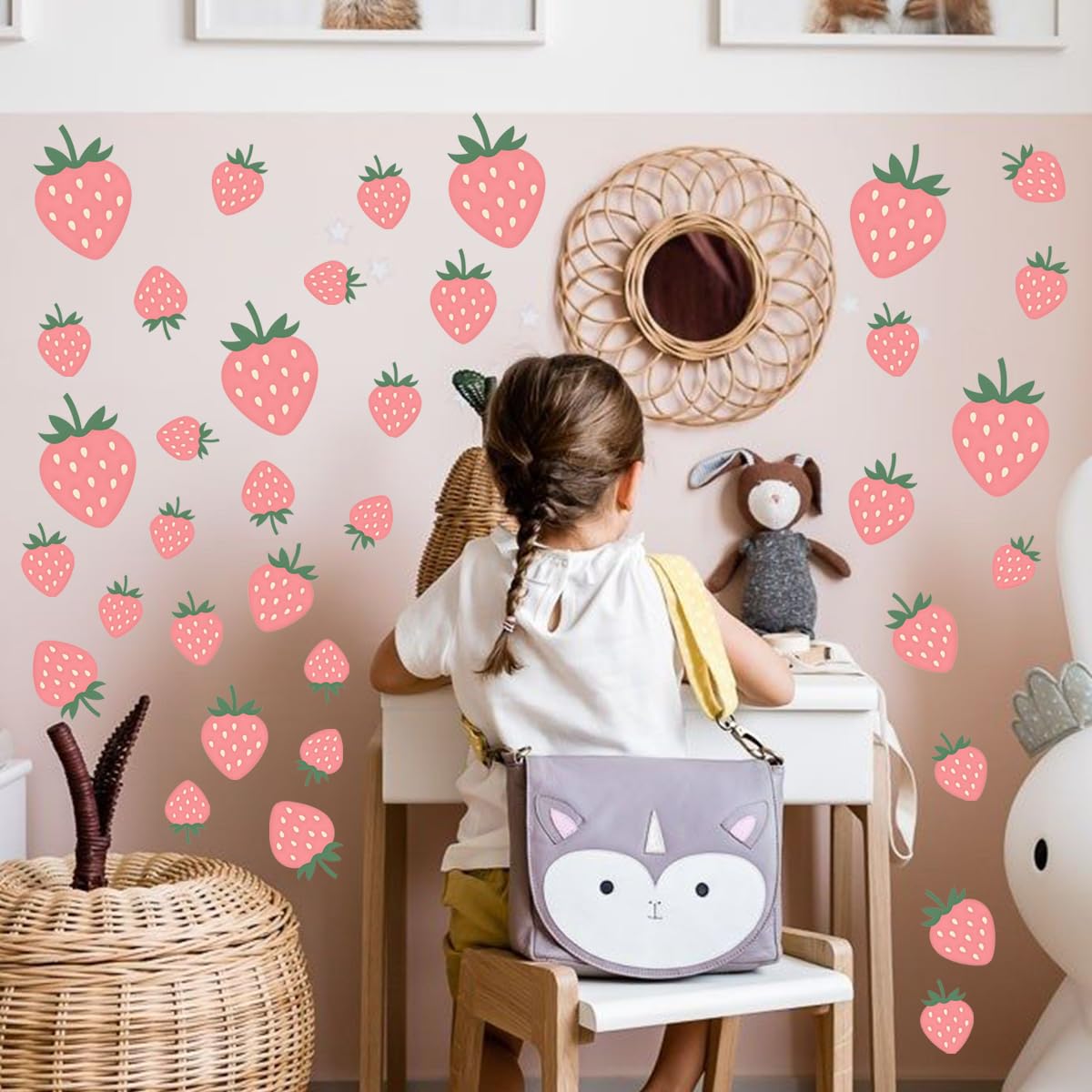 Boho Strawberry Wall Stickers - Vintage Fruit Peel & Stick Decor, Removable Wall Art for Nursery, Baby Room, Bedroom, Kitchen - Floral Retro Aesthetic