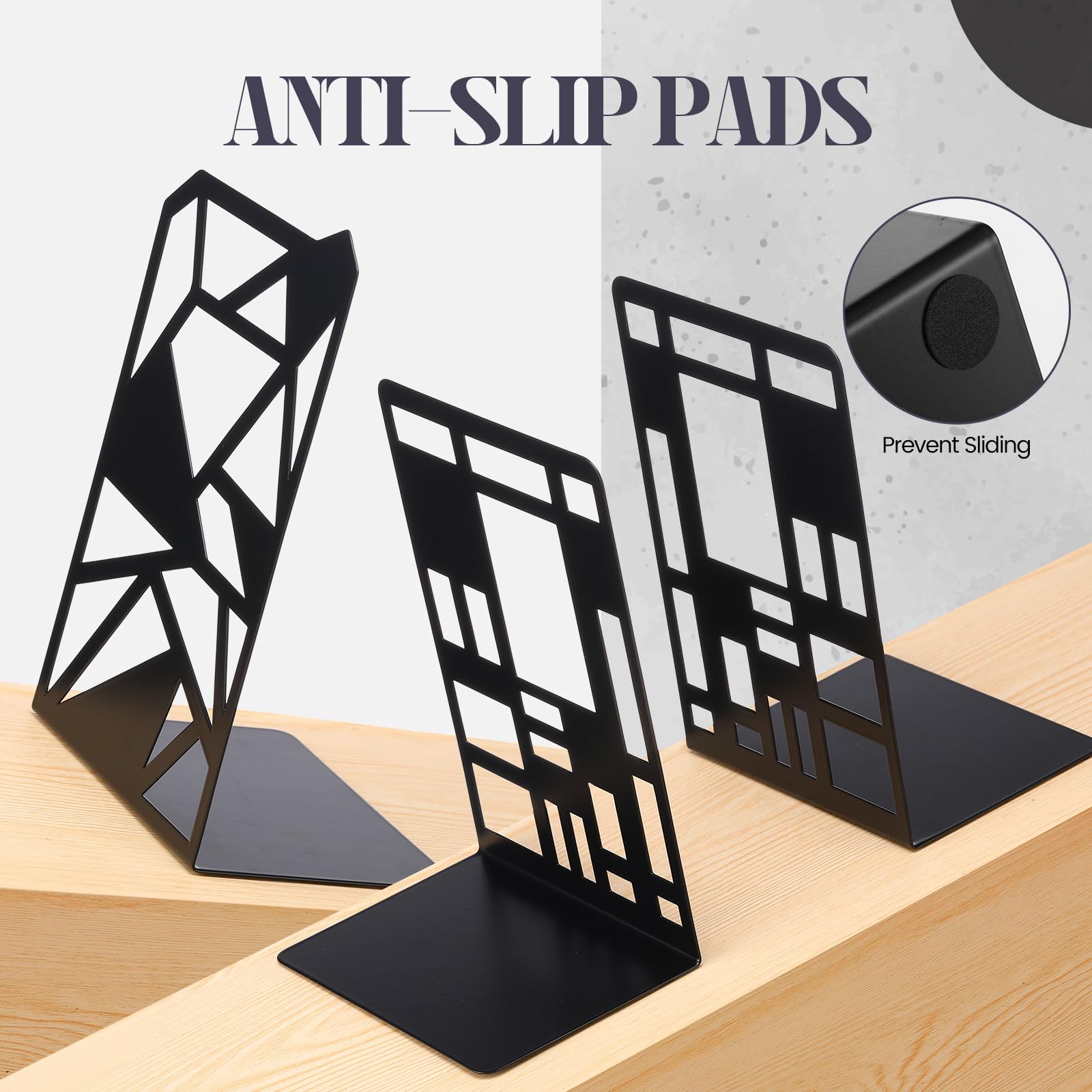 Feifeiya Dekorative Buchstützen aus Metall, robust, für Regale, Büro, Buchstützen, schwarz, rutschfest, 17,5 x 12,4 x 9 cm (geometrisch), 6 Paar