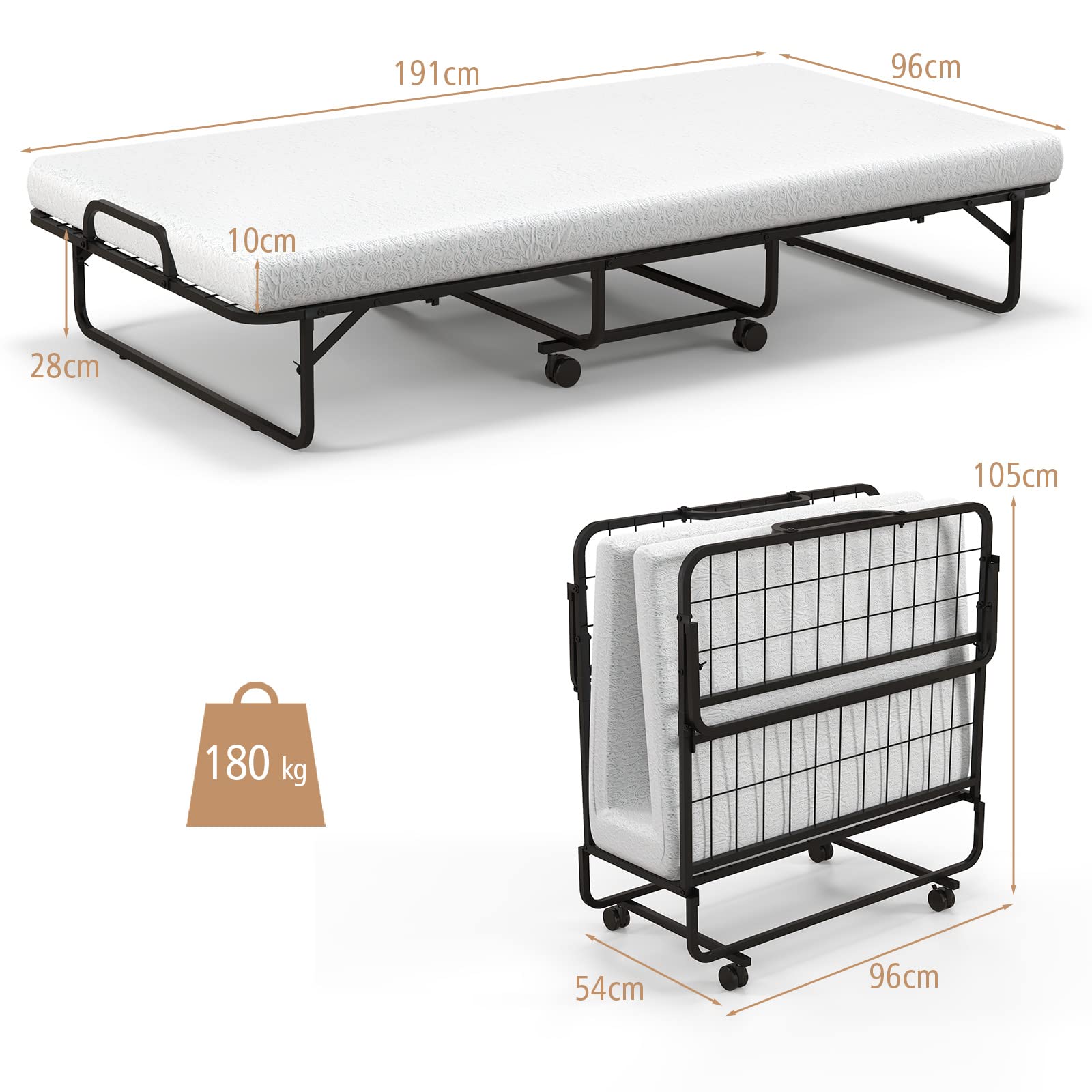 LIFEZEAL Brandina Pieghevole con Materasso in Memory Foam, 191x96x38 cm