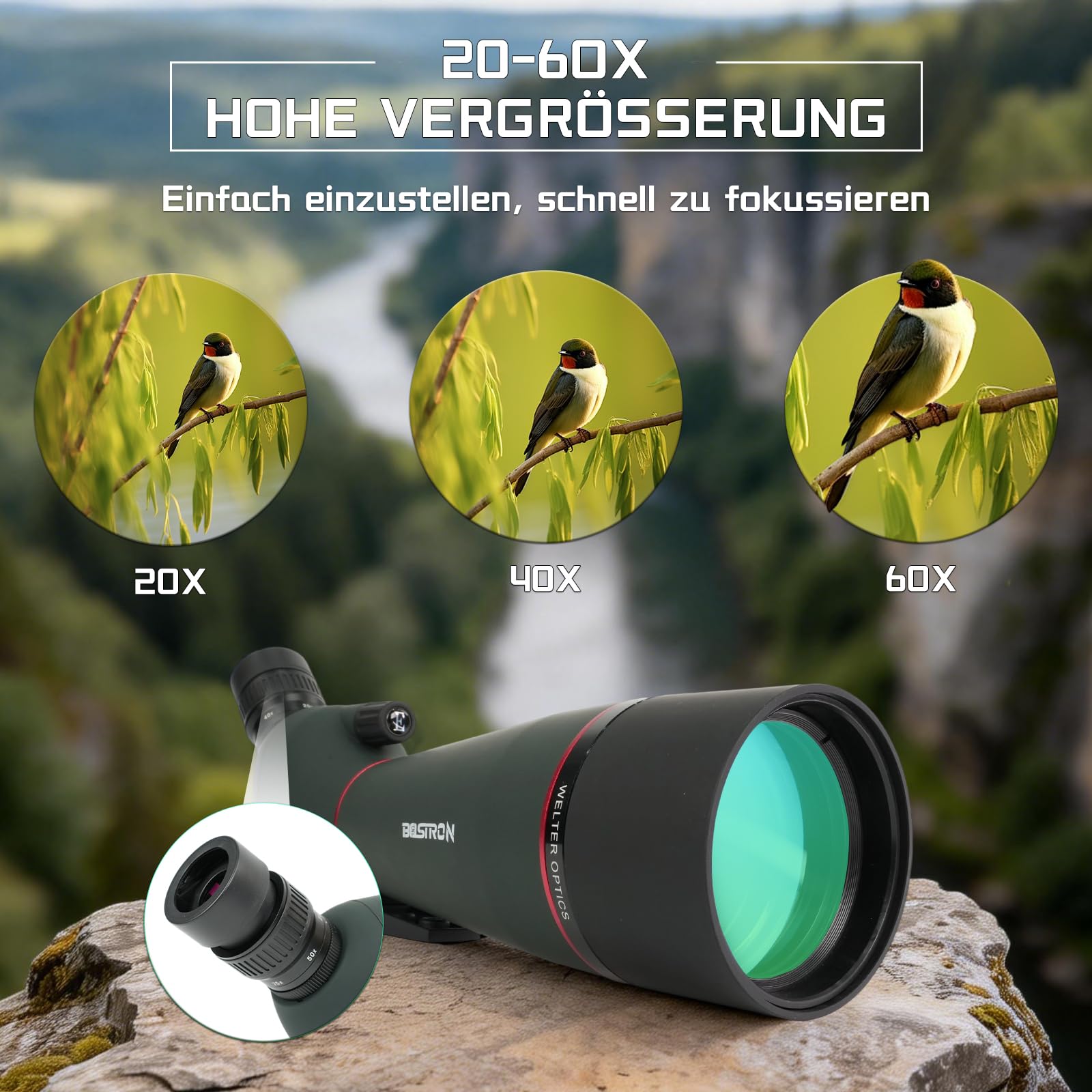 20-60 x 80 Spektiv Vogelbeobachtung HD FMC für Jagd | Spektive Sportschützen - Wasserdicht Porro Prism mit Stativ,45-Grad-abgewinkelte für Vogelbeobachtung,Zielschießen