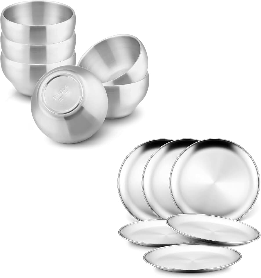 12-Piece Kids Dinnerware Set for 6, Metal 304 Dinner Dishes include Bowls and Plates, Multipurpose Reusable Stainless Steel Toddle