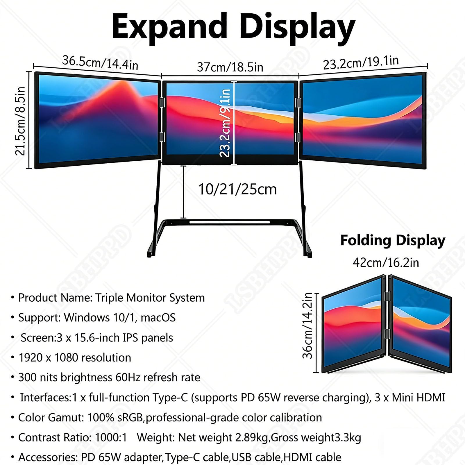 15.6” Monitor Portátil Triple Pantalla,Extensor Pantalla Portátil Fhd 1080p 120% Srgb,Plug and Play con USB-C/HDMI,Compatible con Portátiles 14-15.6 Pulgadas – Ideal para Trabajo Y Vi 15.6in — view 4