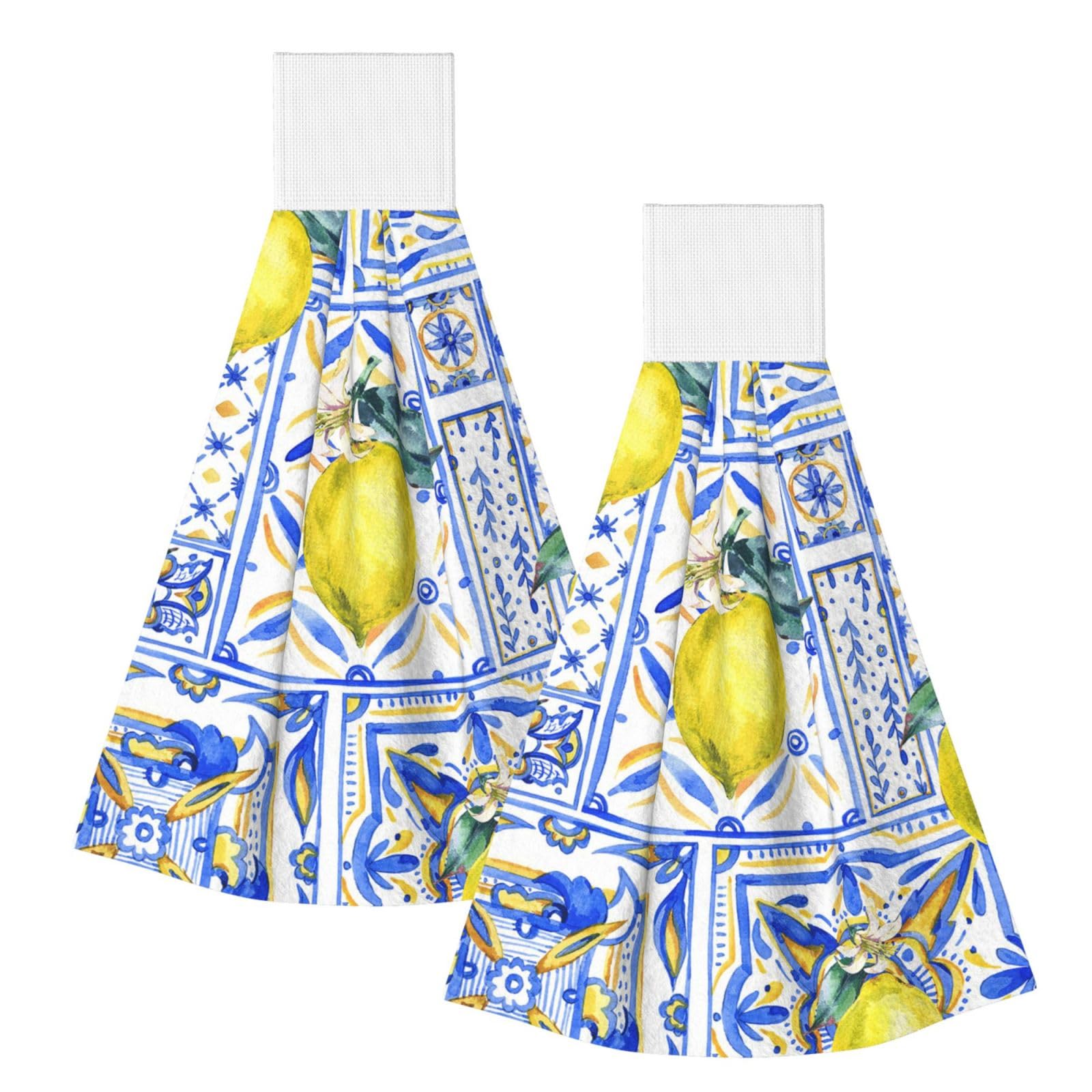 DOPKLNA Lemon Blue Ink Art, 2 Pcs Hanging Coral Fiber Hand Towels for Bathroom, Absorbent Kitchen Towels