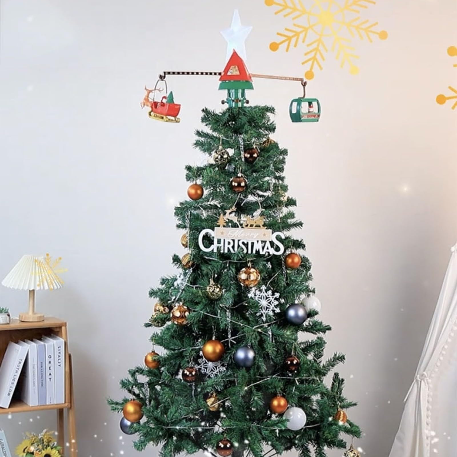 Árbol de Navidad giratorio que ilumina el líder de estrellas con base equilibrada y características musicales para adornos de árbol de Navidad LED de cubierta cíclica