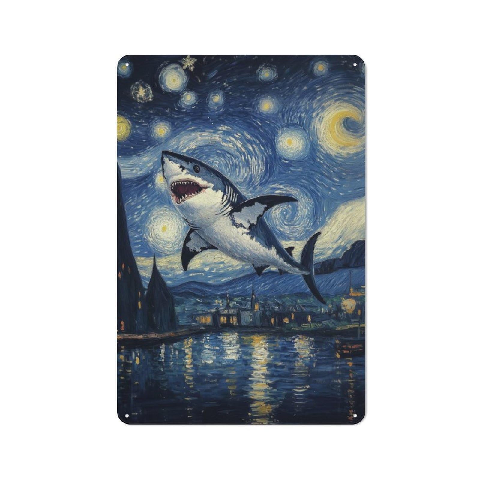 Vintage Tin Sign 30x20cm Featuring Shark in Starry Night for Café Or Home Bar, A Metal Wall Feature for Cafés And Home Bars