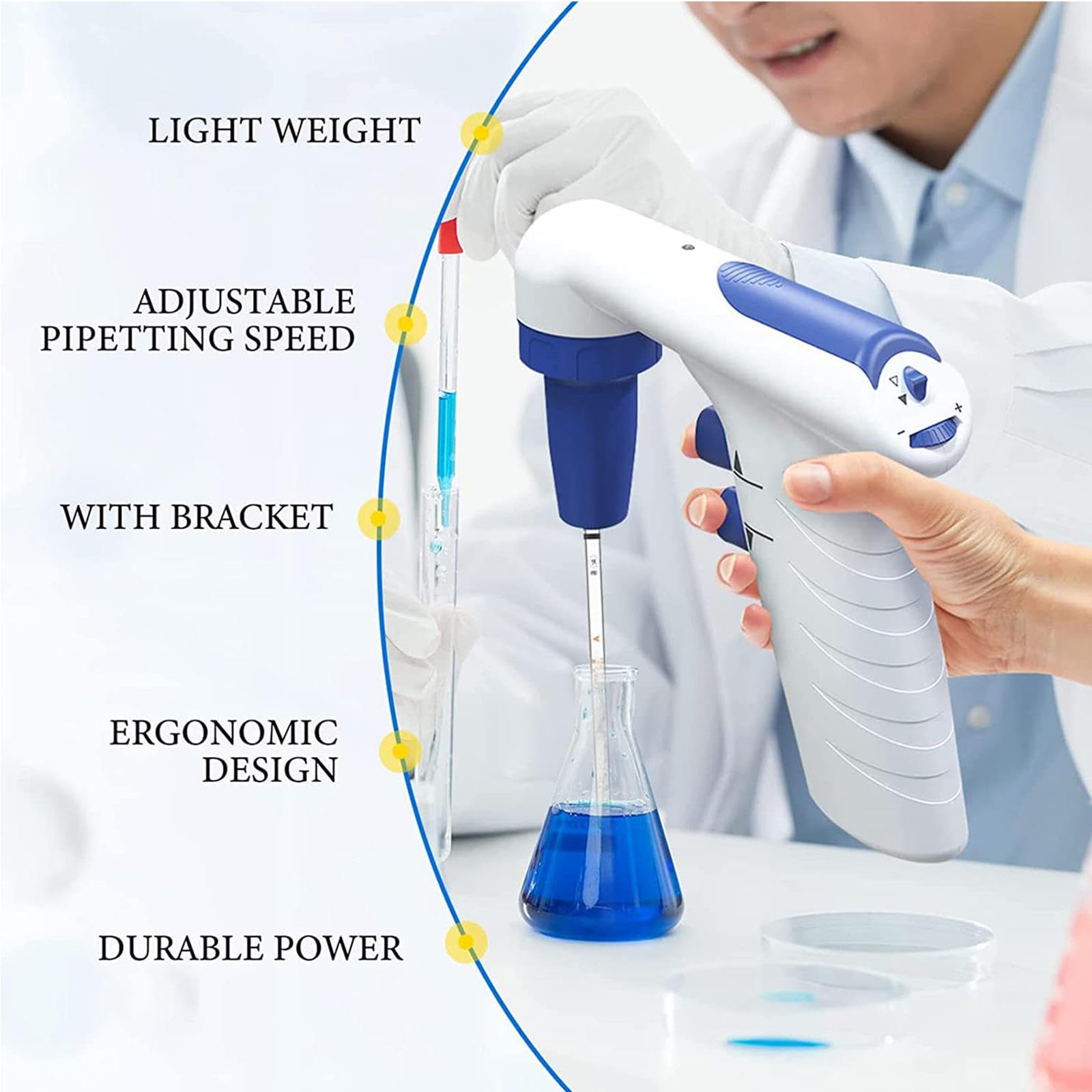 Regolatore Elettrico per Pipette, Pipettatore Automatico per Grandi Volumi da 0,1-200 Ml, Misurazione Accurata dei Liquidi a velocità Regolabile, Adatto Sia per Pipette in Vetro Che in Plastica