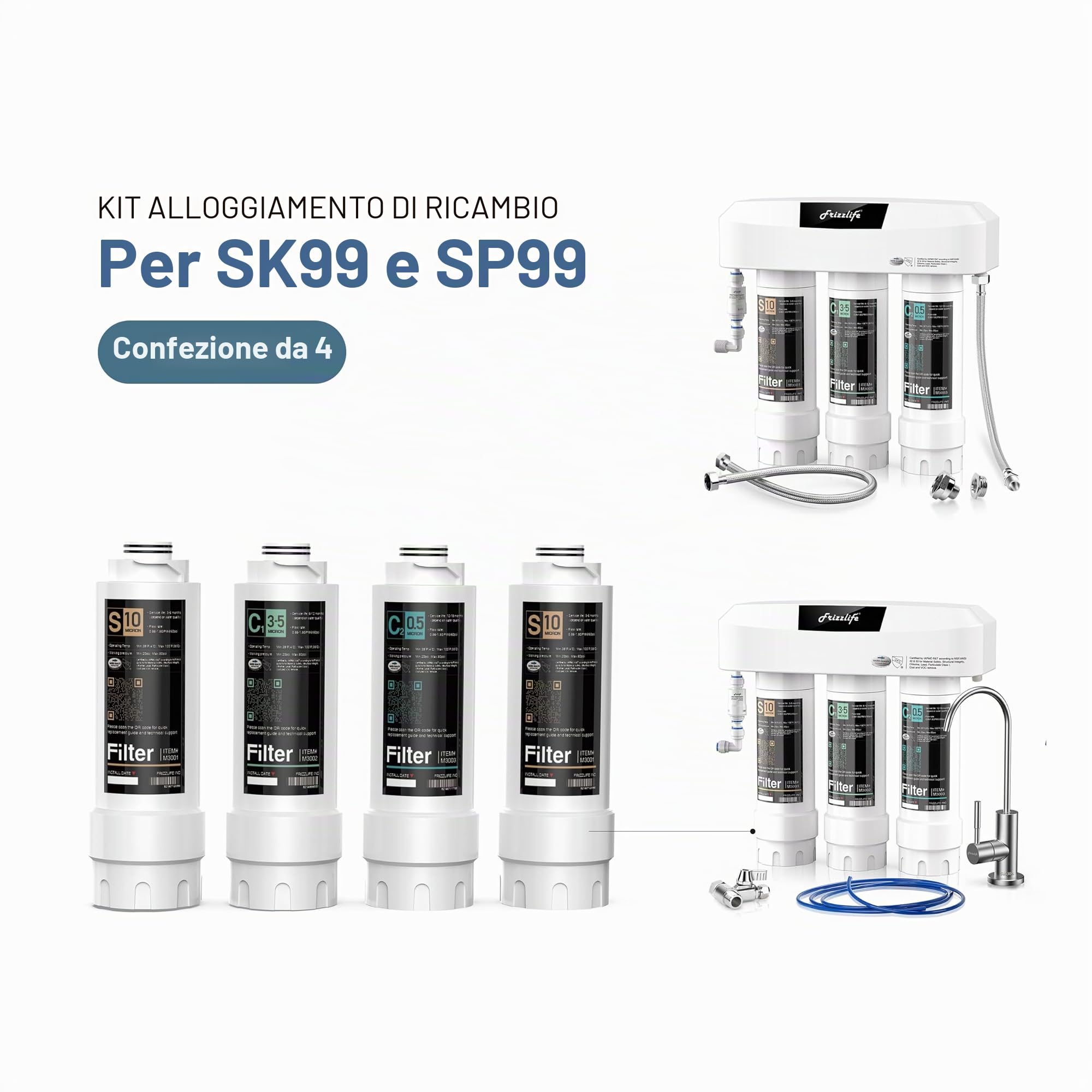 Frizzlife SKP-HF - Kit di alloggiamento di ricambio (4 pezzi) con cartucce filtranti interne per sistema di filtraggio dell'acqua sotto lavello SK99 e SP99