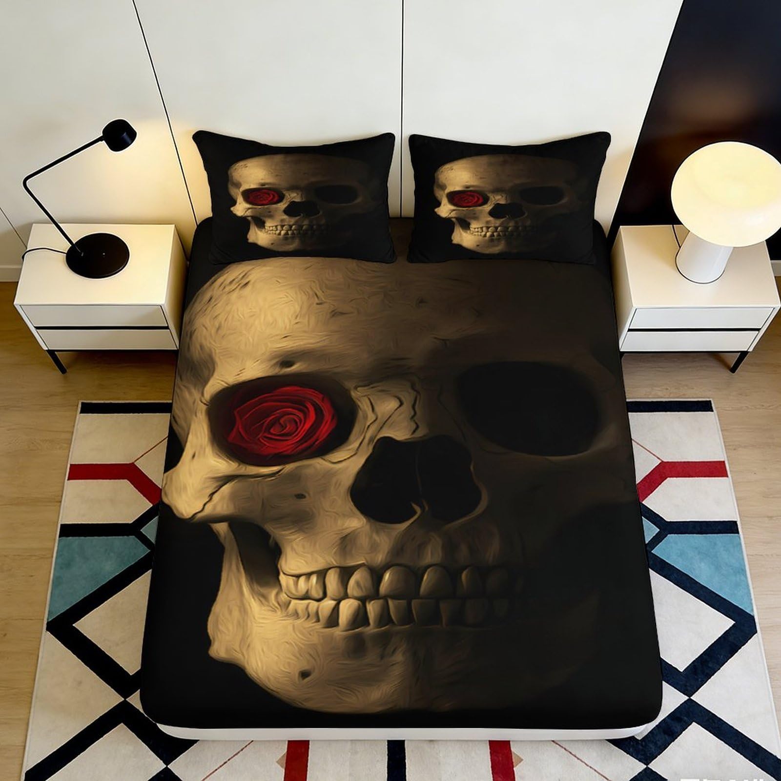 3D Printed Skull with Red Rose Fitted Sheet Microfiber Soft Breathable Skeleton Bed Cover for Bedroom Dormitory Guest Room Mattress Protection 200x200x25cm