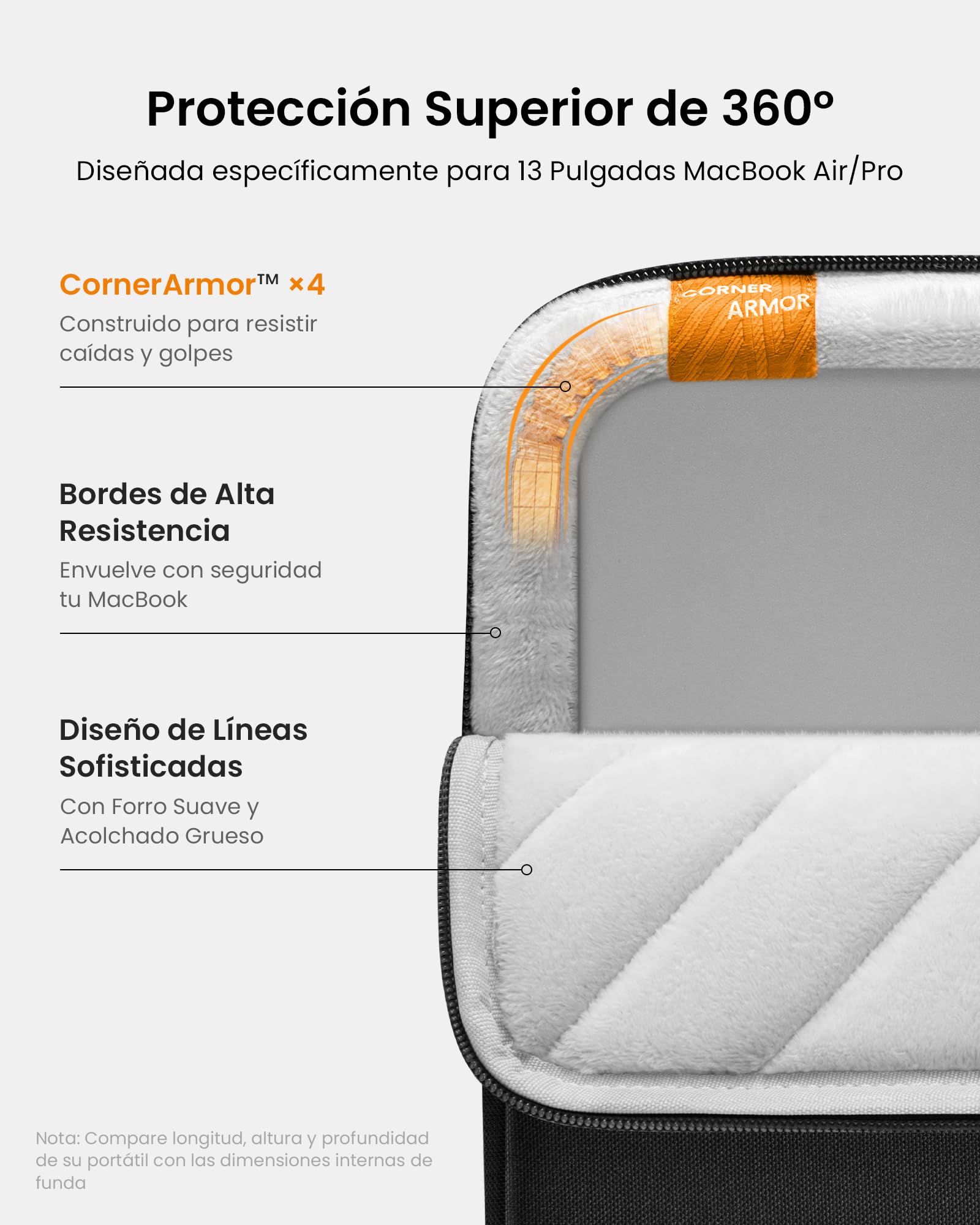 tomtoc 360° Funda para 13 Pulgadas Nuevo MacBook Air M5/A3449 (2026), M4/A3240 (2025), M3/M2/M1, 13" MacBook Neo A18 Pro/A3404, 13" MacBook Pro M2/M1, Repelente al Agua Protección Bolsa para portátil