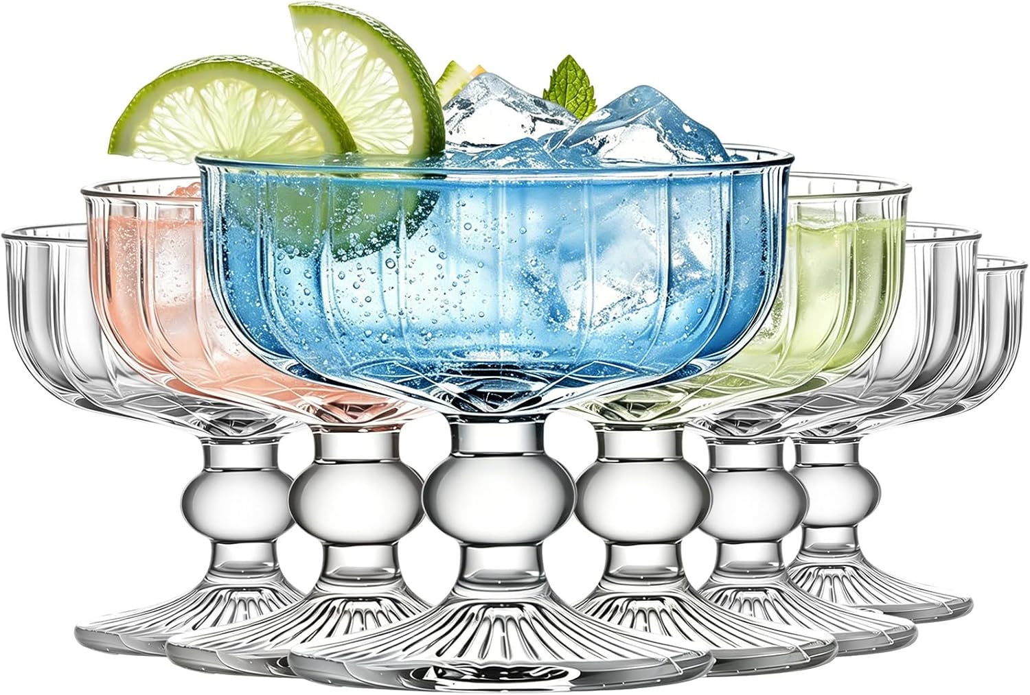 6 PCS Vintage Cocktail Glasses Set, 320ml Retro Margarita Glasses, Clear Footed Cocktail Cups for Martini, Daiquiri, Ice Cream, Sundae, Party & Bar Use