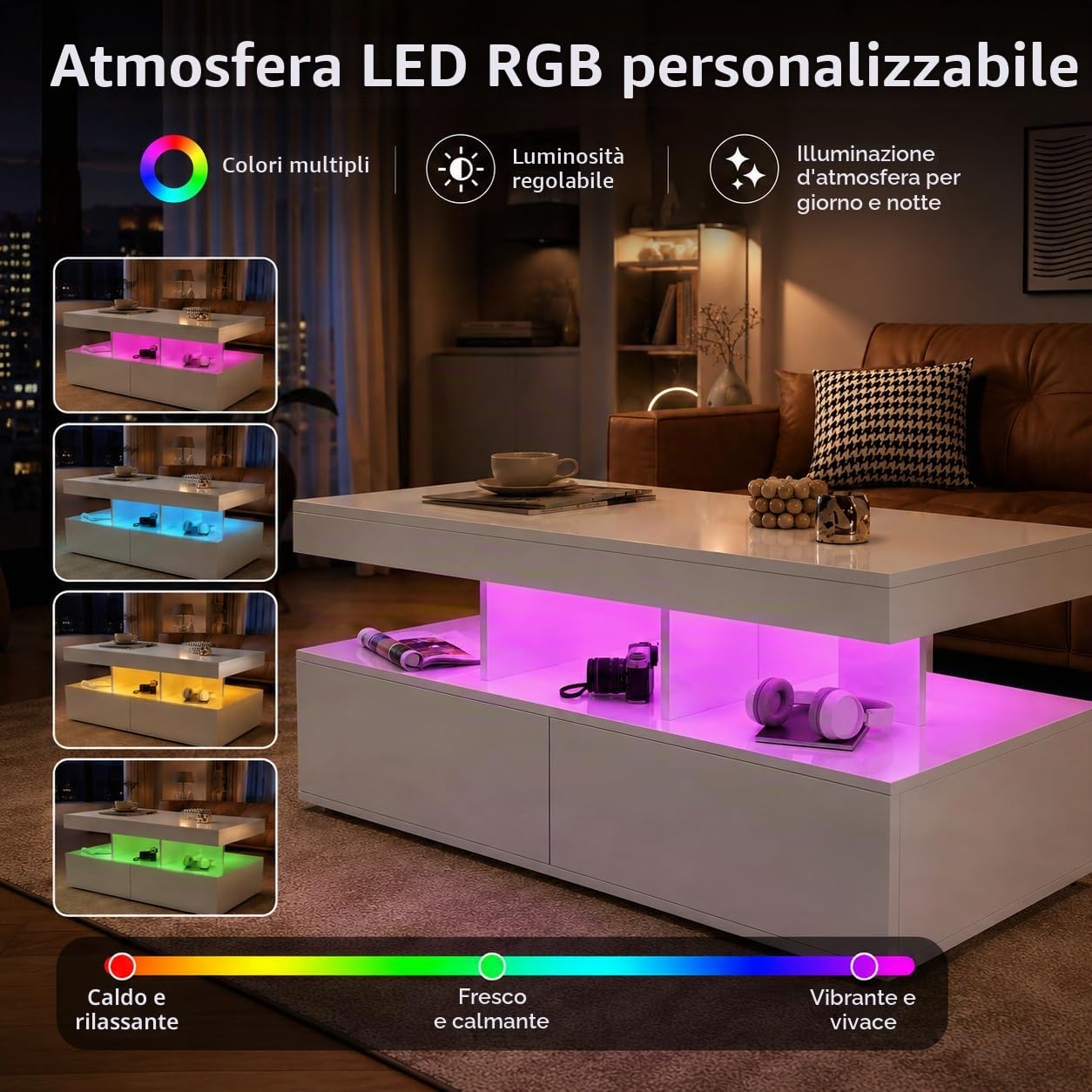Tavolino da salotto, bianco, lucido, con illuminazione a LED RGB, tavolino con 2 cassetti, tavolino con vano portaoggetti, moderno, superficie liscia, 104 x 46 x 53 cm (bianco)