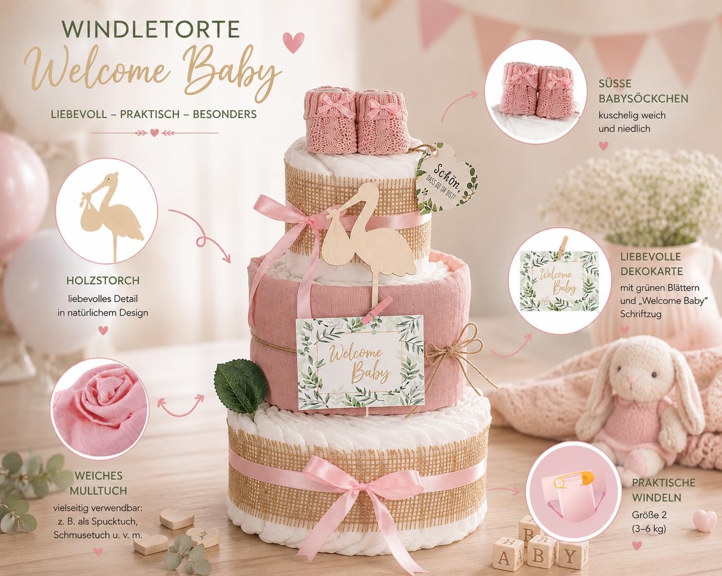 Premium Windeltorte Storch mit Bündel | inkl. Babybooties und Mullwindel | 3-stöckig (rosa)
