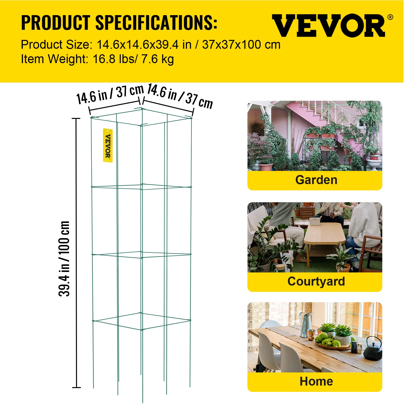 VEVOR Cages à tomates 37x37x100 cm support pour plantes de jardin 6PCS, cages carrées pour plantes robustes, tours à tomates en acier enduit de PVC vert pour légumes grimpants, plantes, fleurs, fruits