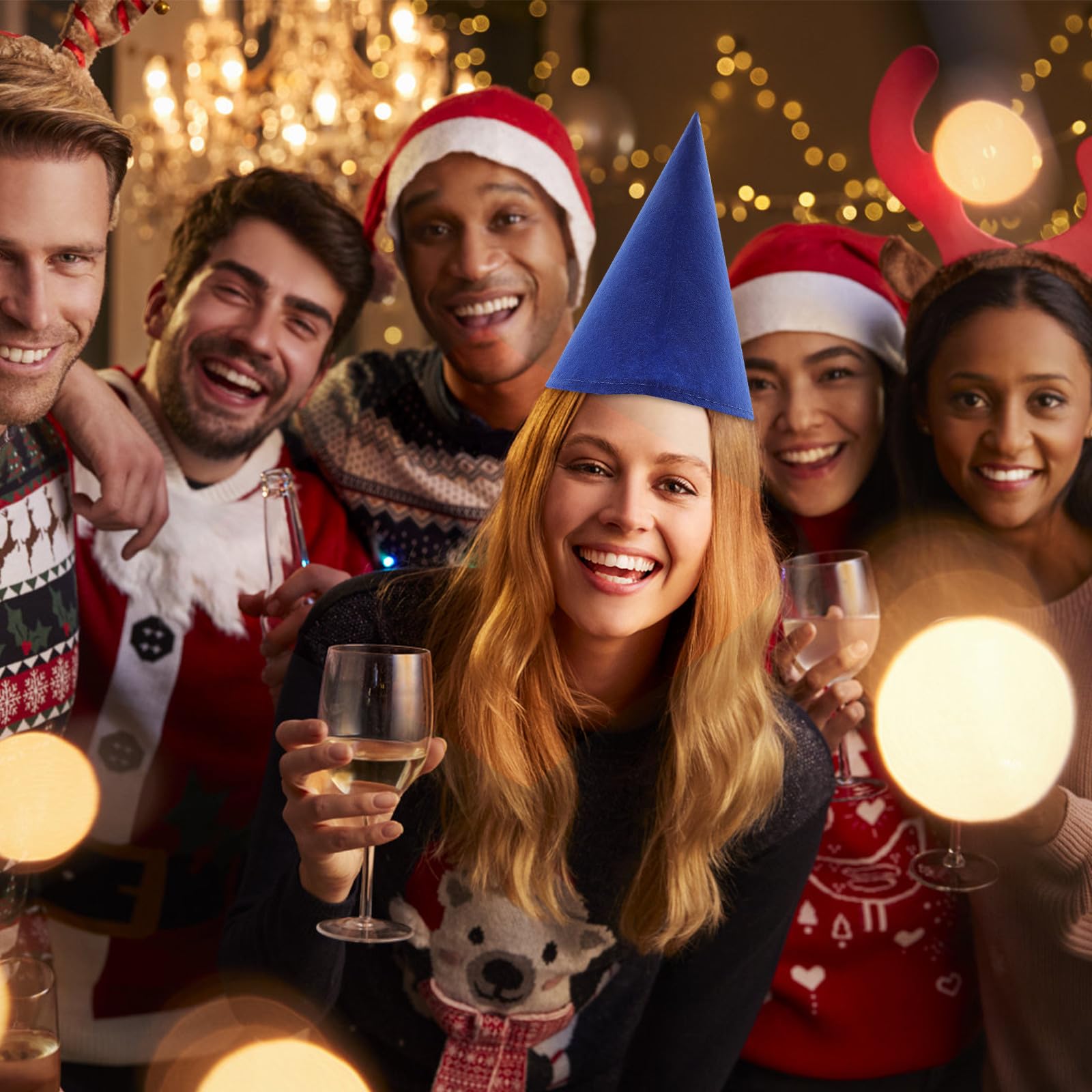 POPETPOP Lot de 7 bonnets d'elfe de Noël et accessoires de fête d'Halloween, couvre-chefs d'elfe colorés en feutre pour costumes de cosplay, chapeaux de fête unisexes pour fêtes de Noël et