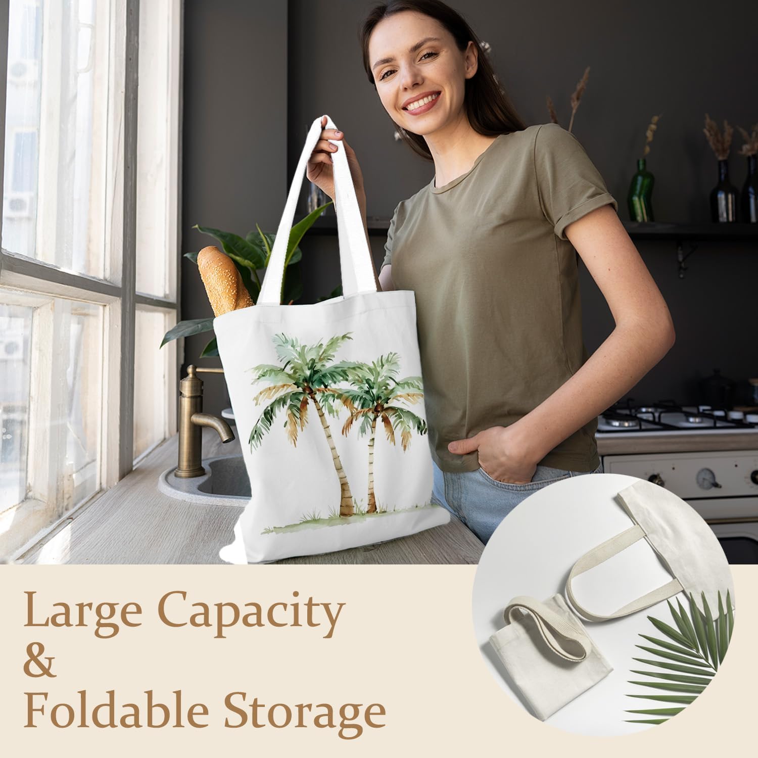 Tropical Palm Tree Tote Bag, Summer Coastal Beach Canvas Tote Bags for Women, Beach Lover Gifts for Women, Coastal Tropical Botanical Reusable Grocery Shopping Bags - Image 3