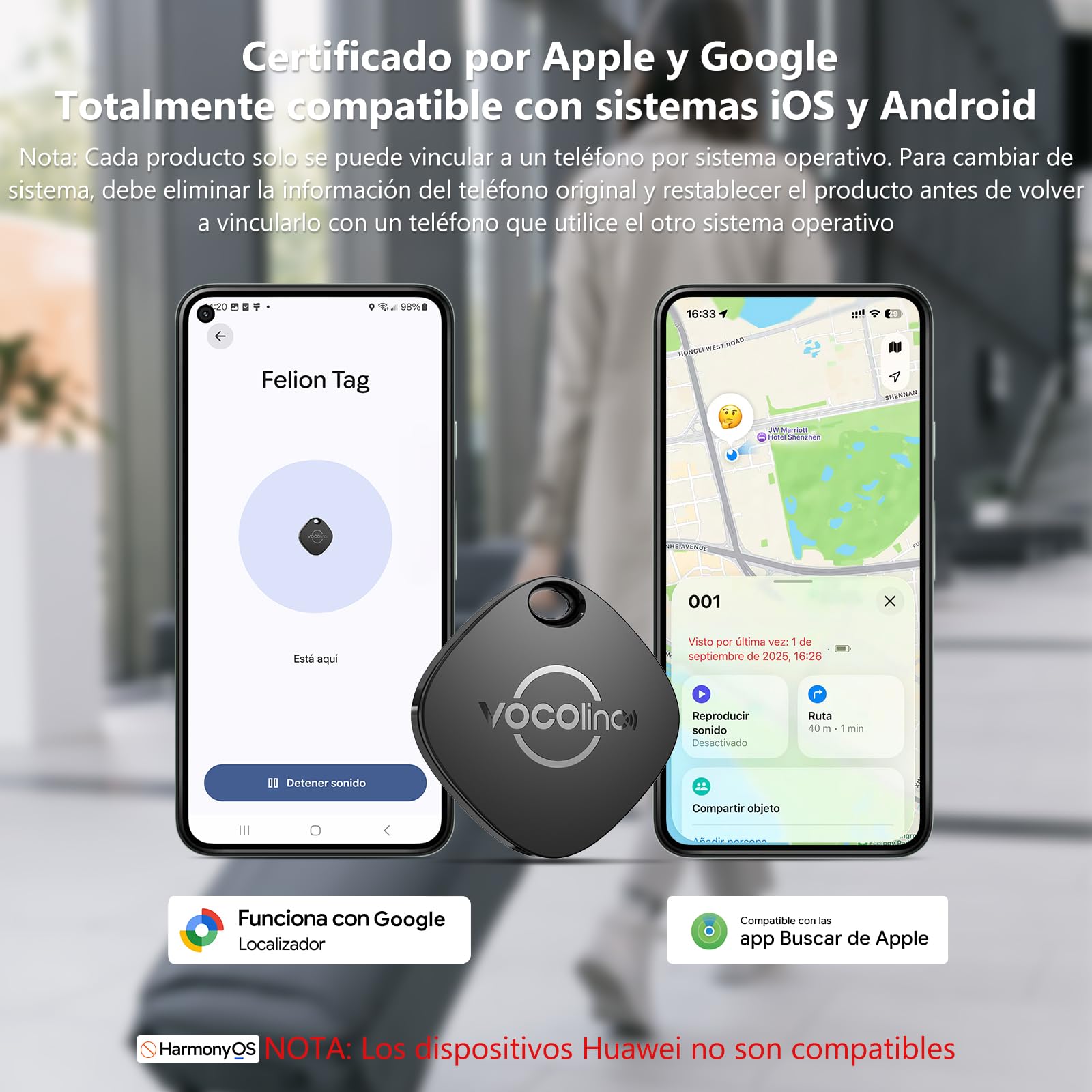 Visita la tienda de VOCOlinc VOCOlinc Smart Tag para Android & iOS, Dual Sistema Buscador de Objetos Compatible con Google Localizador o Apple Buscar App, Localizador de Artículos para Llaves/Equipaje/Maleta, Batería Reemplazable in use