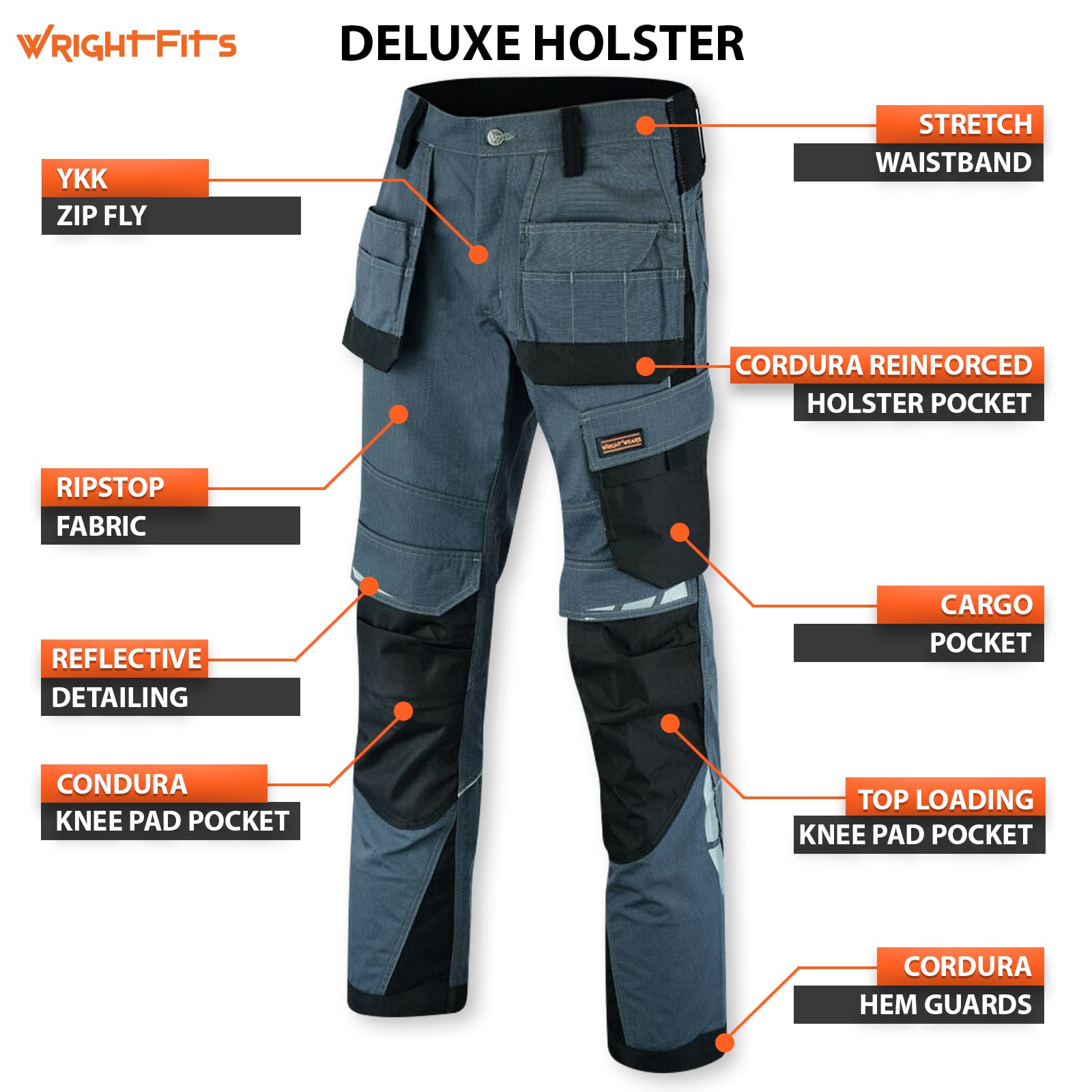 WrightFits Pantalon de Travail Pro Builder pour Homme - Noir et Gris - Pantalon Cargo de sécurité Robuste - Plusieurs Poches - Poches genouillères - Triple Couture