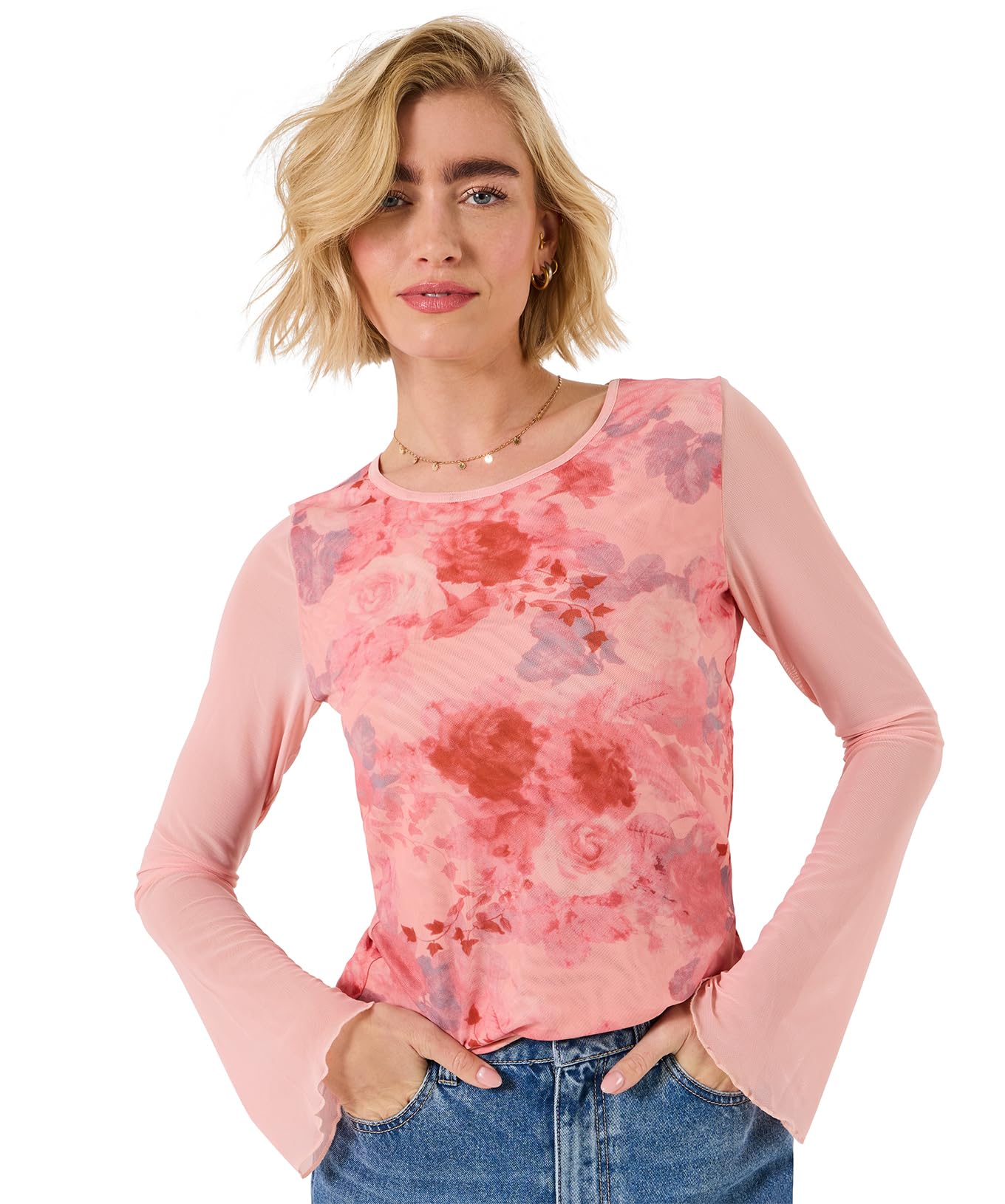 Joe Browns Women's Rose Print Long Sleeve Mesh Top, Regular, Pink, UK 20