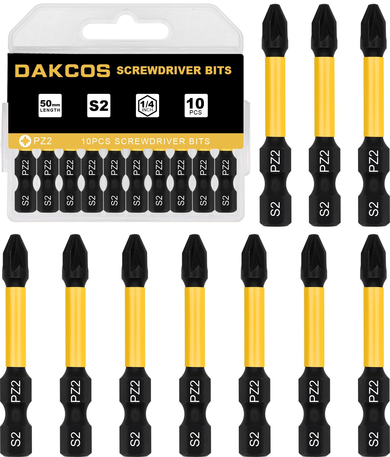 Dakcos Pz2 Torx Bit, Impact Driver Bits, 1/4" Screwdriver Bit Sets, 10Pcs Premium S2 Alloy Steel Bits, 50Mm Long