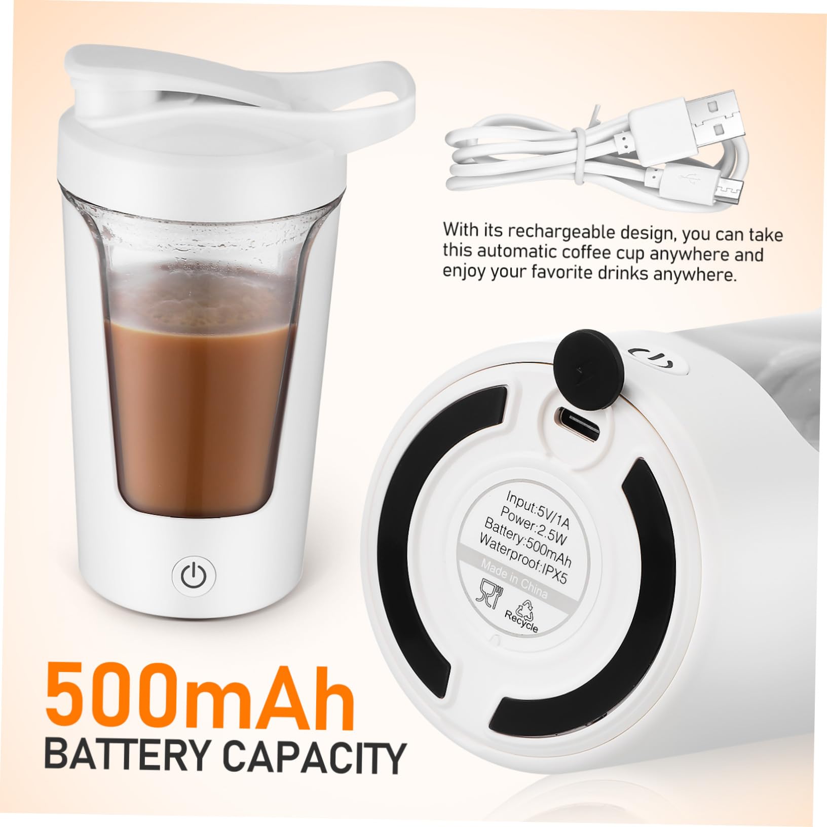 GARVALON Bouteille Shaker Automatique Rechargeable pour Café et Protéines Tasse Électrique Portable PP et Abs Mélangeur Rapide et Pratique pour Boissons Énergétiques