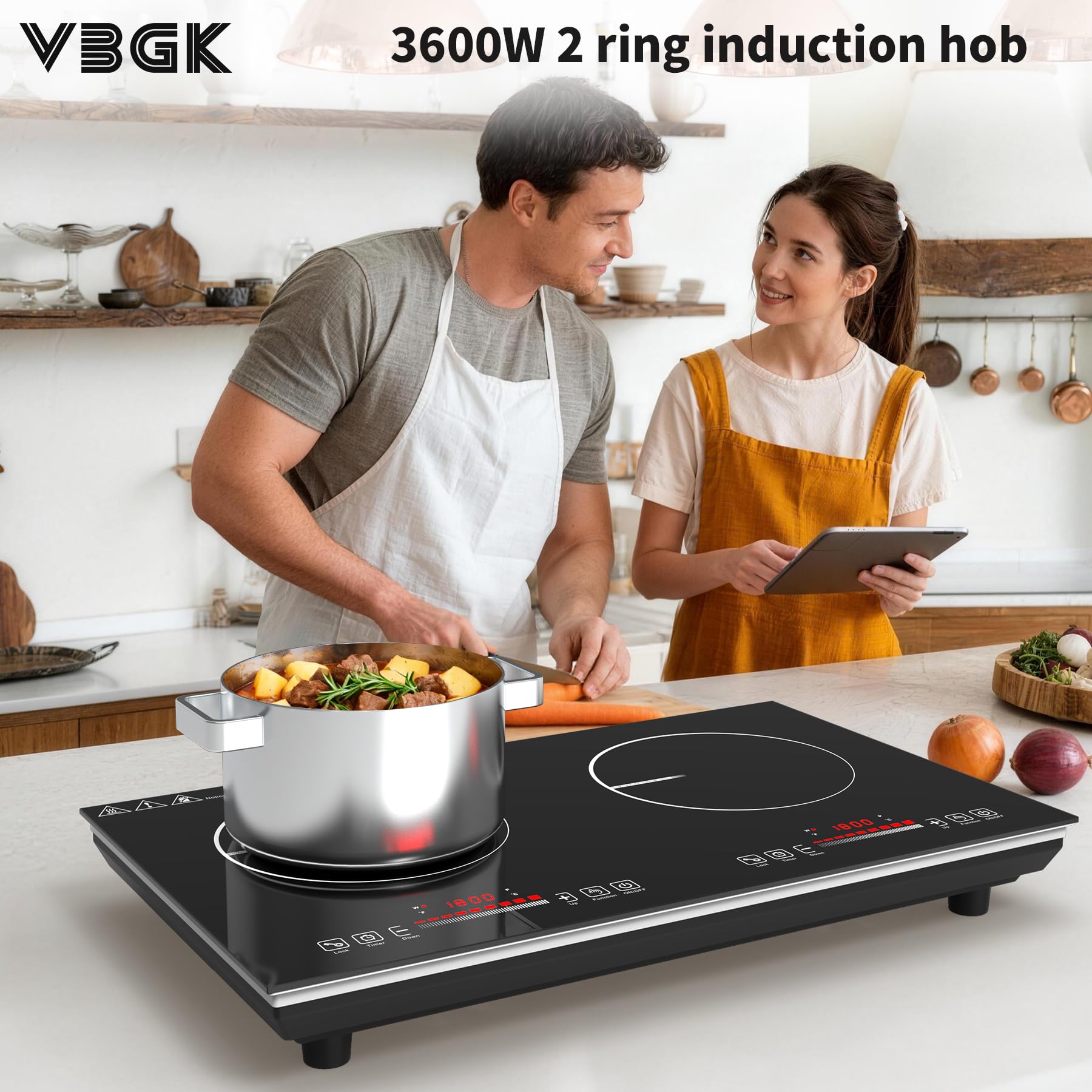 VBGK 2 burner Induction Hob,3600W Electric hob 2 burner with Knob Control,9 Power Levels, Kids Lock & Timer,LED touch control,double induction hob - 3