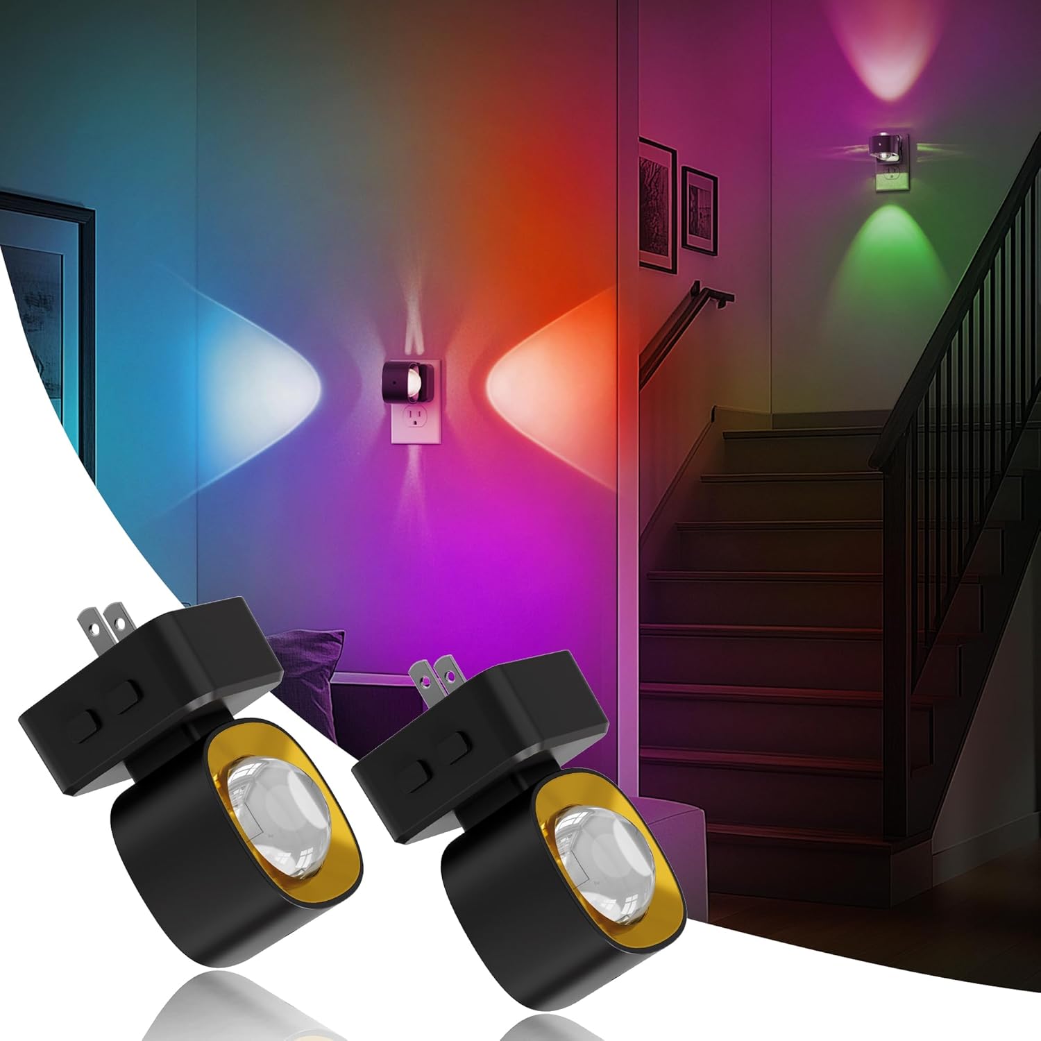 JandCase Luces nocturnas enchufables a la pared, luz nocturna cambiante de 10 colores para niños, 2 unidades de enchufe giratorio de 180 RGB LED luz