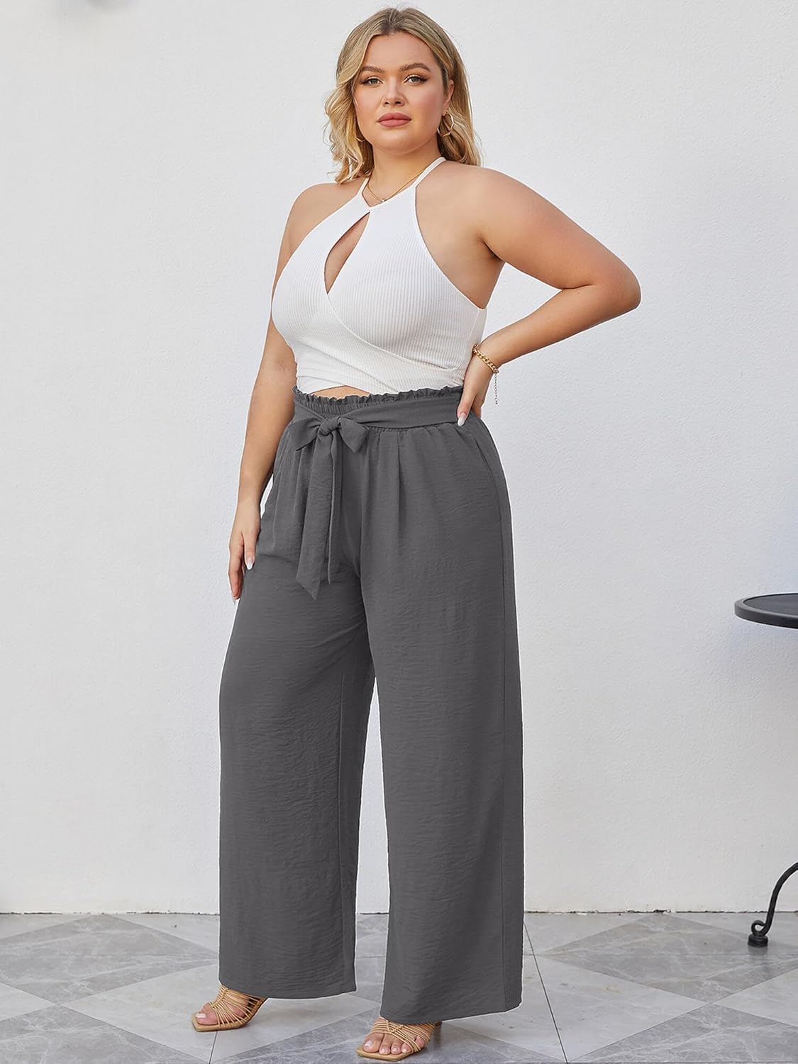 AusLook Women's Plus Size Wide Leg Lounge Pants with Pockets High Waisted Palazzo Adjustable Tie Knot Trousers 1X-5X - Image 3