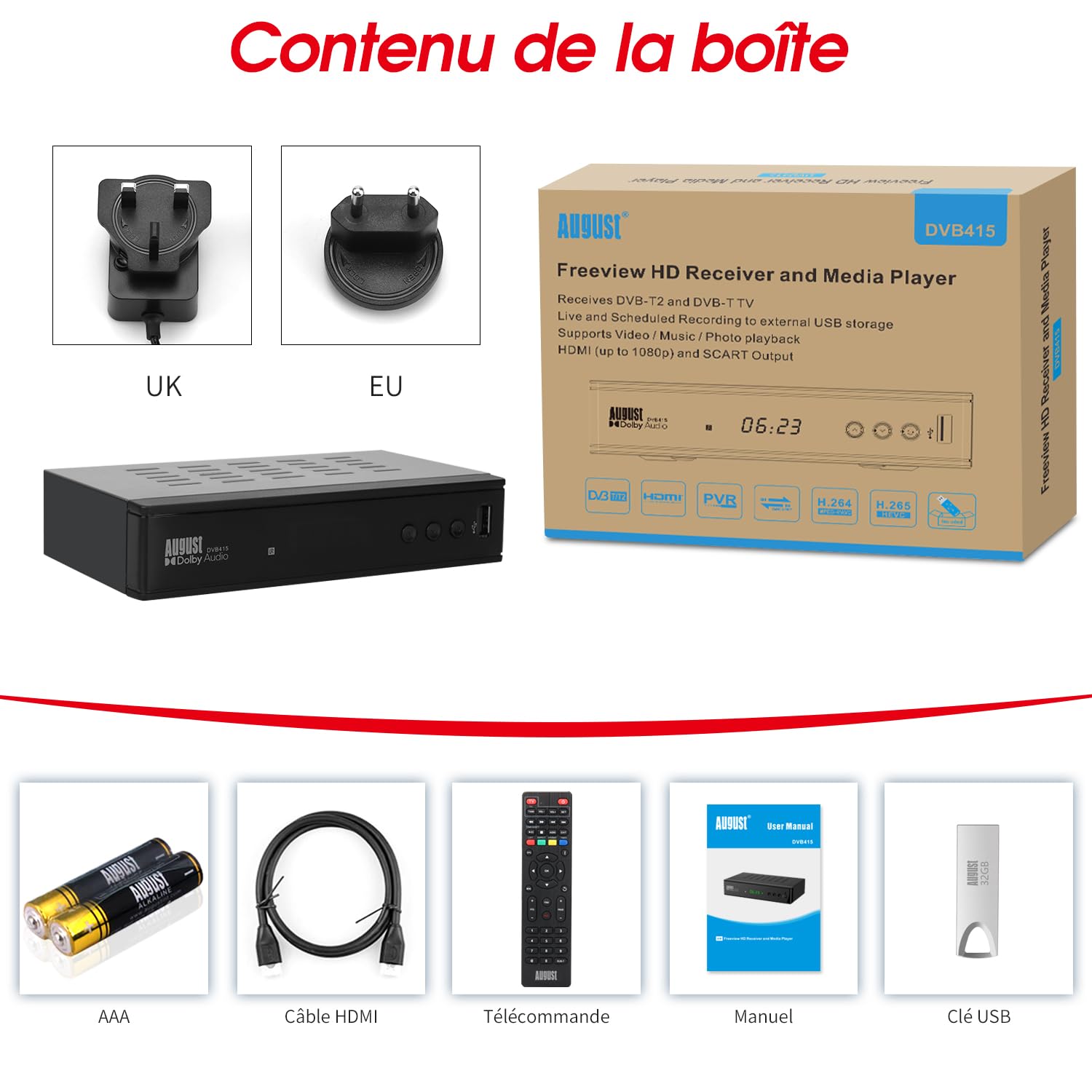 August DVB415 Décodeur et Enregistreur TNT HD - Récepteur HDMI Full HD 1080P avec Lecteur Multimédia PVR pour Enregistrer, EPG, Contrôle du Direct, Contrôle Parental, Péritel, Clé USB 32G Incluse