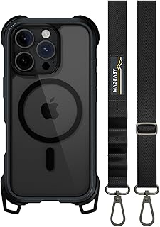 【MagEasy】 iPhone 16 Pro 対応 ケース ショルダー ストラップ 付き クリア MagSafe 対応 耐衝撃 MIL規格 マグセーフ スマホケース [ iPhone16Pro アイフォン 16 プロ 対応 ] Odyssey +Strap M メタルブラック(カメラコントロール対応)