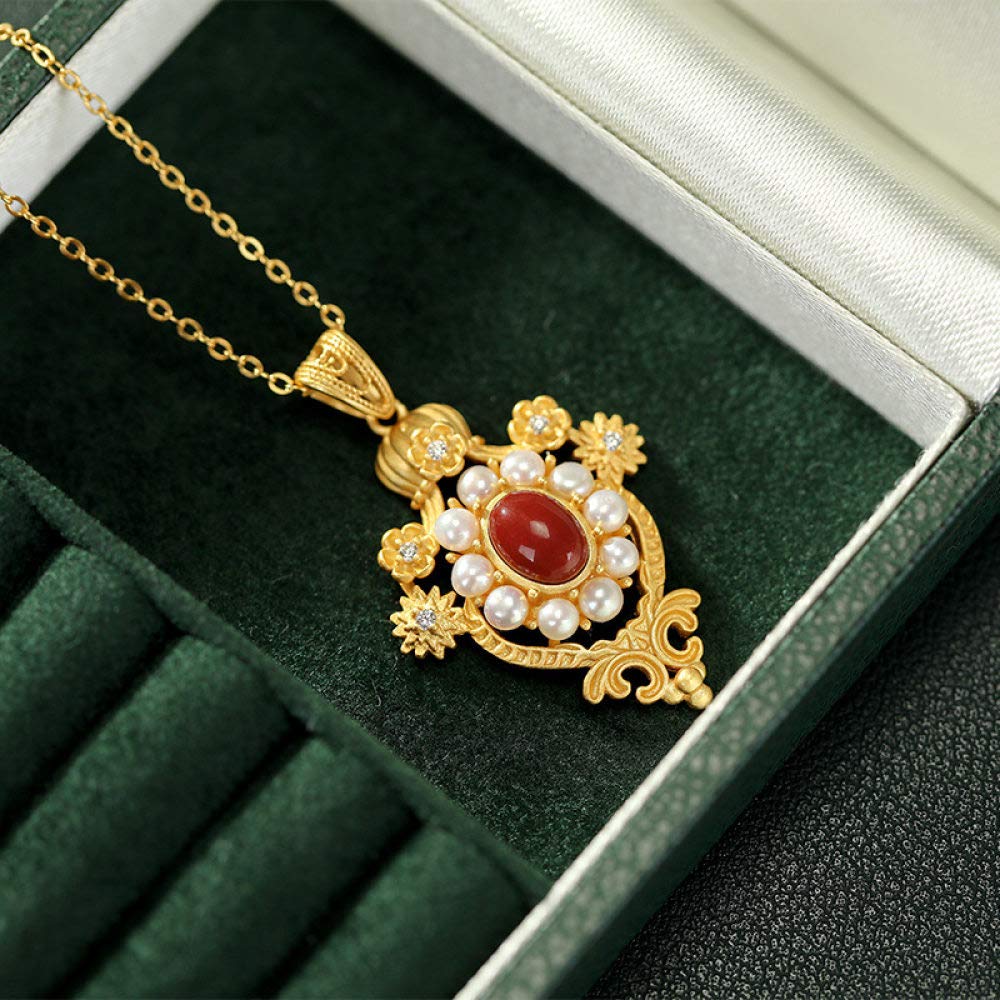 Collar De Plata De Ley 925 Para Mujer, Ágata Roja Retro, Perla Barroca, Palacio Delicado, Encanto De Estilo Chino Simple De, Regalo para Novia para Hombres