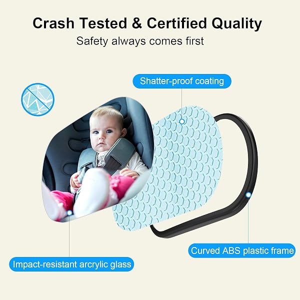 Close-up of the BOEYOS baby car mirror mounted on a headrest, showcasing its wide-angle view and secure strap system.