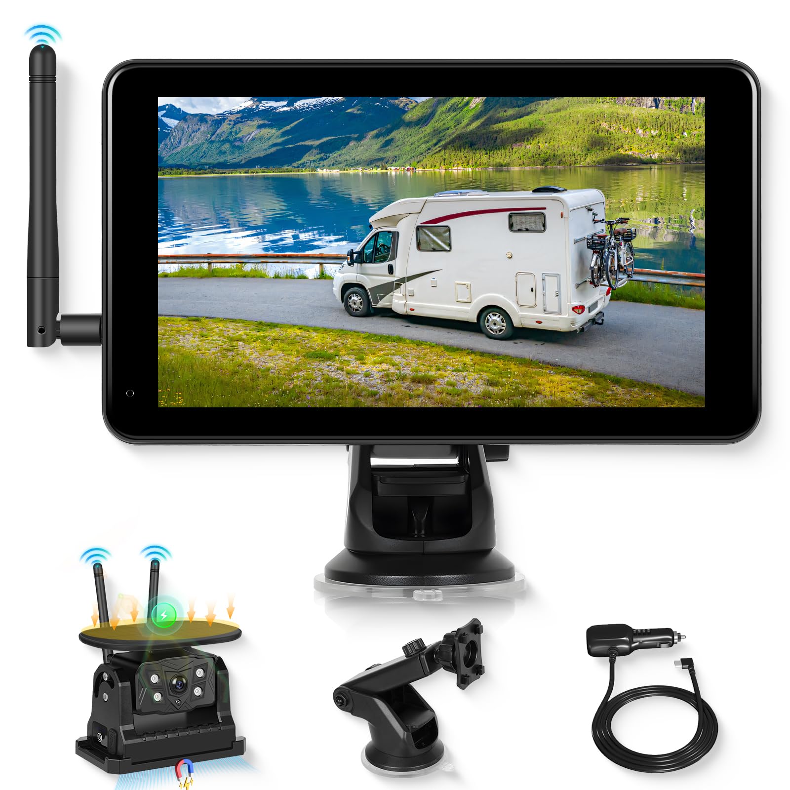 Telecamera di Retromarcia Solare Senza Fili Kit, 7 Pollici Monitor Touch Screen, 10000mAh Magnetica Tipo C Ricaricabile Telecamera Posteriore con Registrazione DVR BSD Visione Notturna Impermeabile