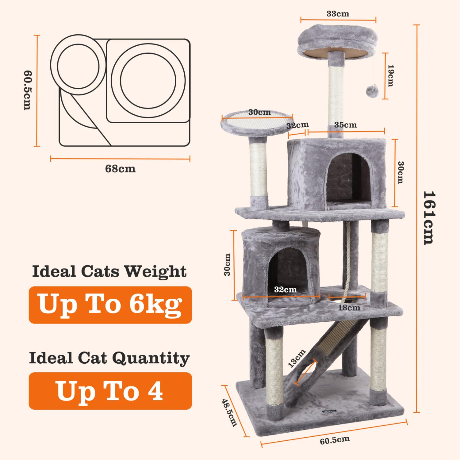 Nobleza - Árbol para Gatos, Altura 161 cm, con 5 Postes Rascadores, 5 Plataformas, 2 Cueva,1 Escalera, pompón, Cuerda de sisal, Tela de Felpa, Rascador Multinivel para Gatos Grandes,Gris