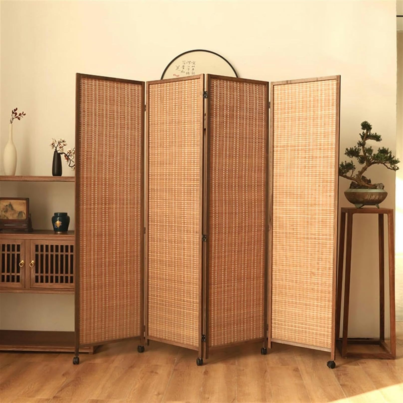 LGEOELIAS Dressing Screen Room Divider 4 Panels, Portable Bamboo&Wood Separator Wall, Balcony/Home/Studio/Office Privacy Screen, Freestanding Temporary Fence