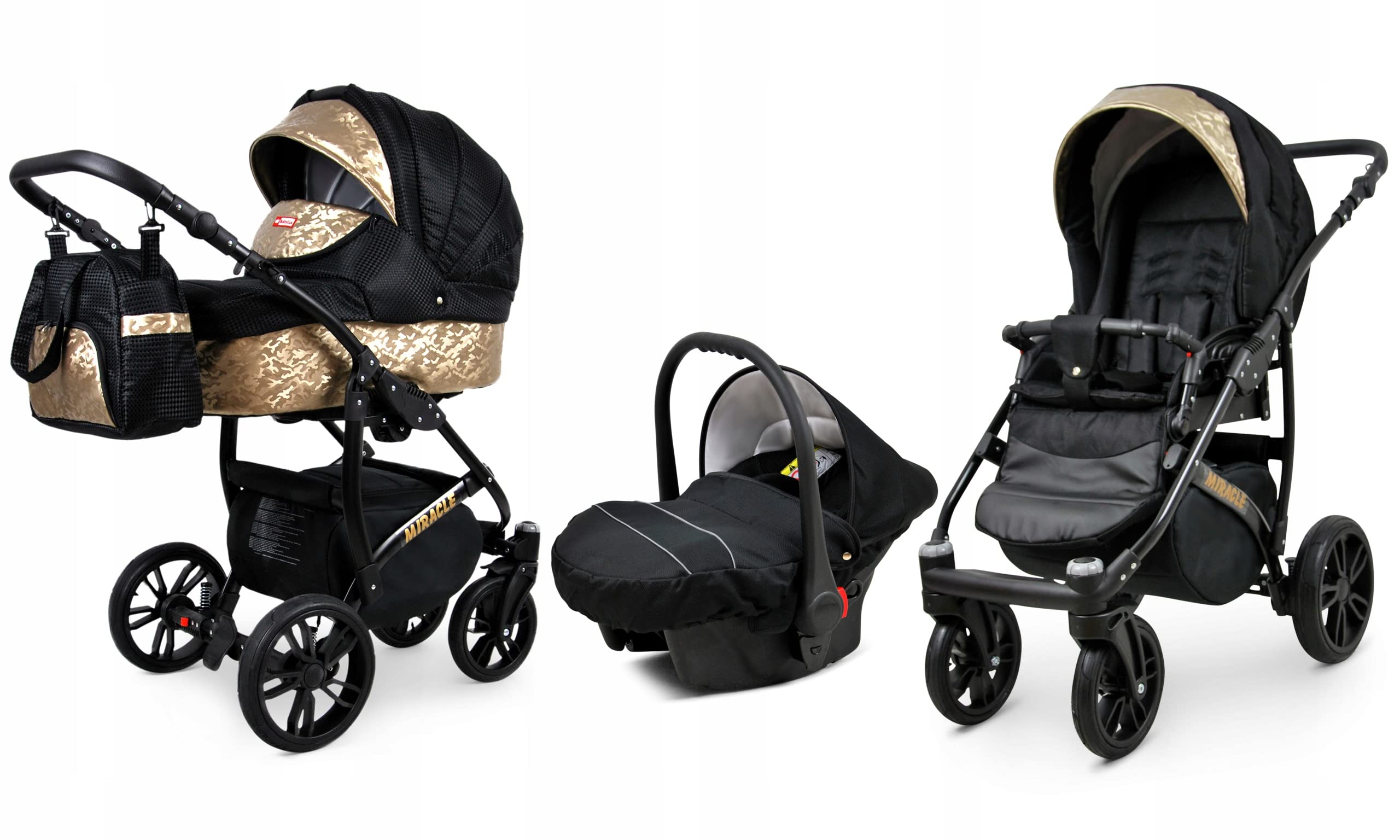 BabyLux® Zestaw wózków dziecięcych 3 w 1 – Miracle – w zestawie wanienka dla niemowląt, fotelik sportowy, fotelik samochodowy – zestaw wózków dziecięcych z torbą do przewijania, osłoną