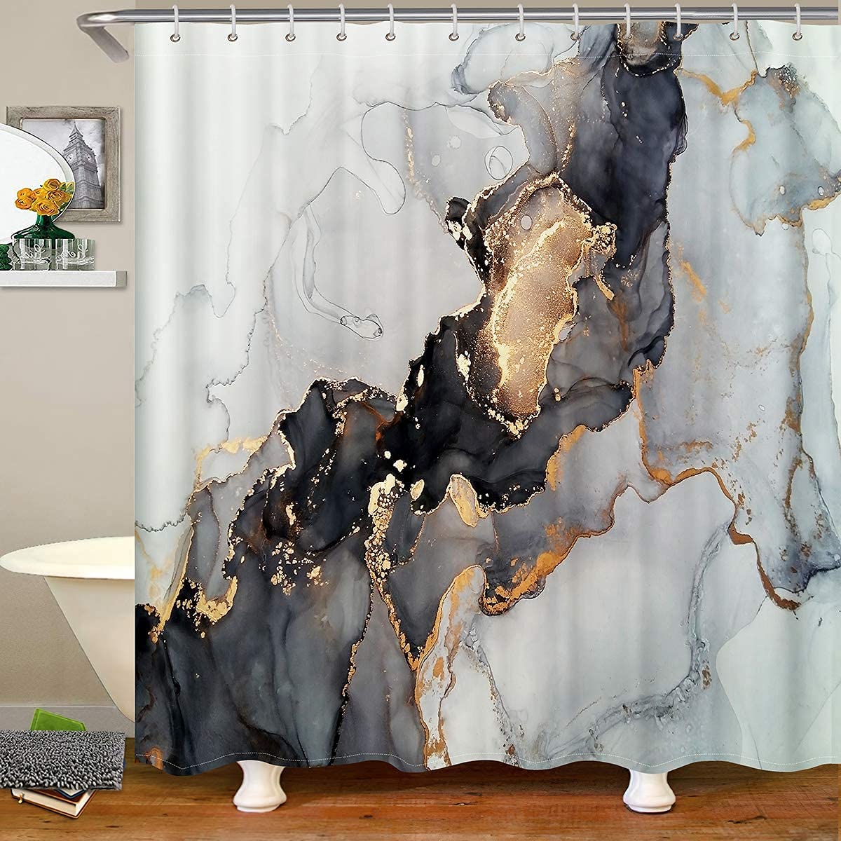 Loussiesd Marble Bathroom Shower Curtain,Grey and White Fabric Shower Curtain with Hooks,3D Tie Dye Art,Modern Ink Texture Decor Bathroom Accessories,Water Proof,180x200cm (Black Gold)