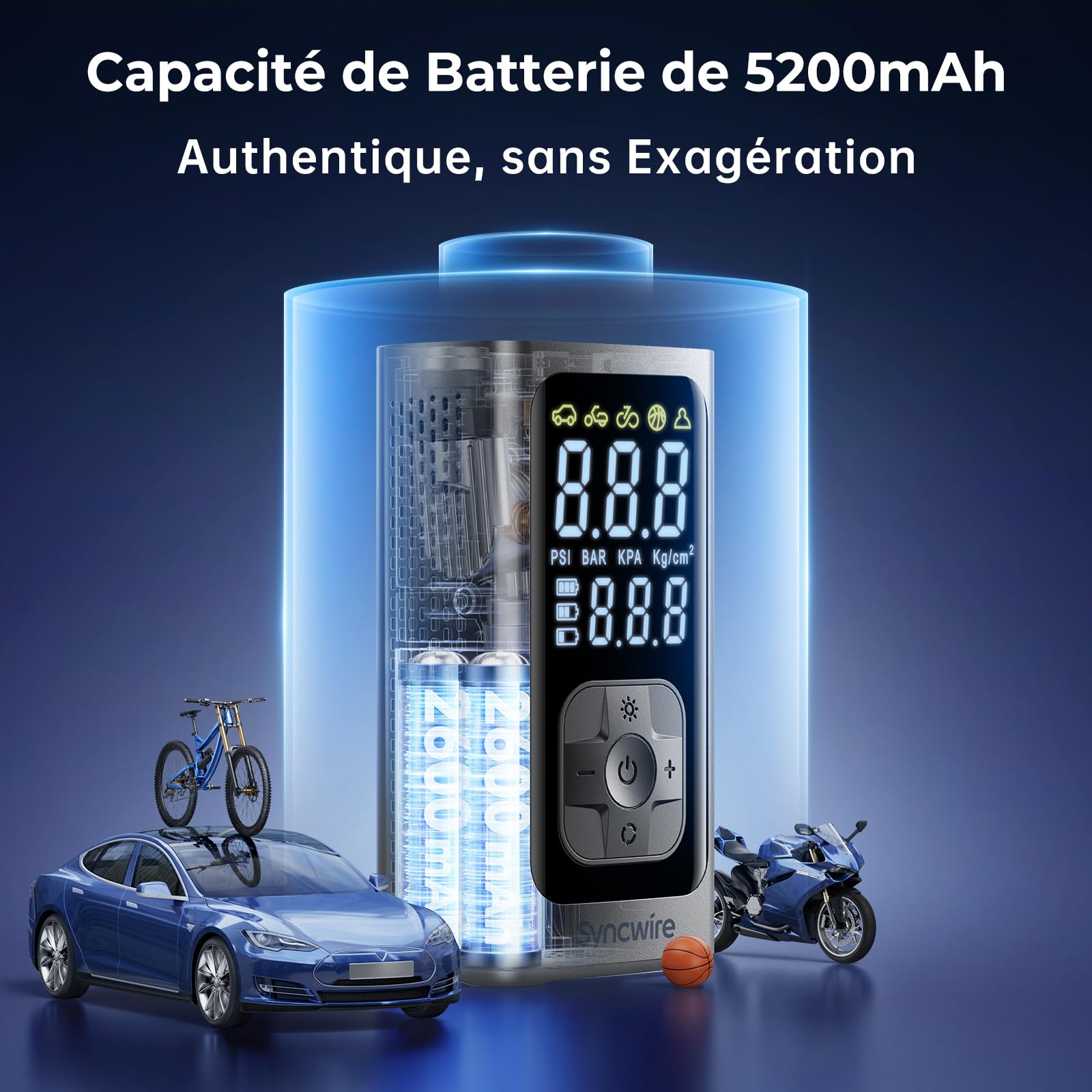 Syncwire Compresseur à Air Portatif - 10.35Bar Rapide Pompe à Air à Gonflage Pompe Gonfleur Pneus Voiture Car Inflator pour Voiture, Vélos, Motos, Balles, avec Bouchons de Valve de Pneu, Grand LCD