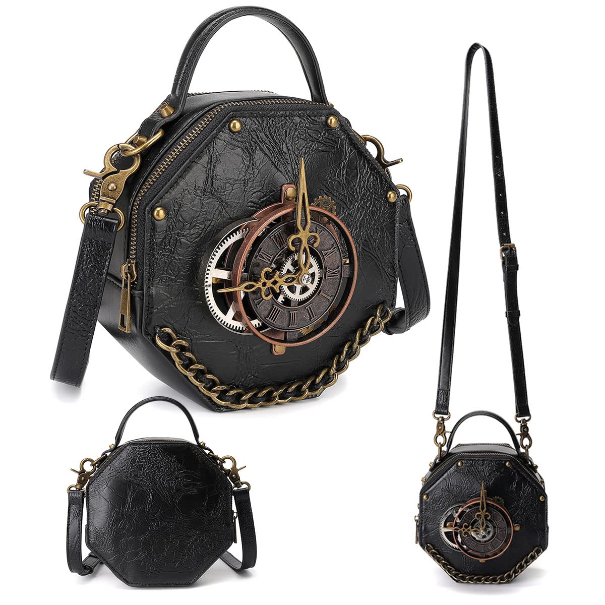Small Crossbody Purse and Handbags for Women Cute Shoulder Bag Unique Steampunk Metal Clock Costume Cosplay Accessories (Black)
