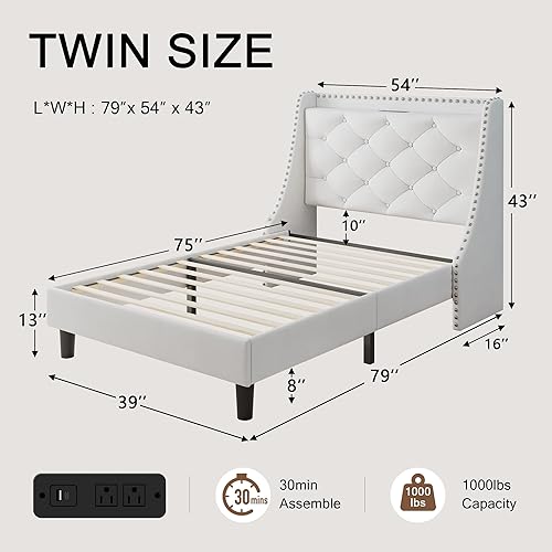 Miniatura 58 de Base de cama tamaño Queen con cabecero de almacenamiento capitoné con botones en la parte trasera y puertos tipo CA, plataforma tapizada, soporte de