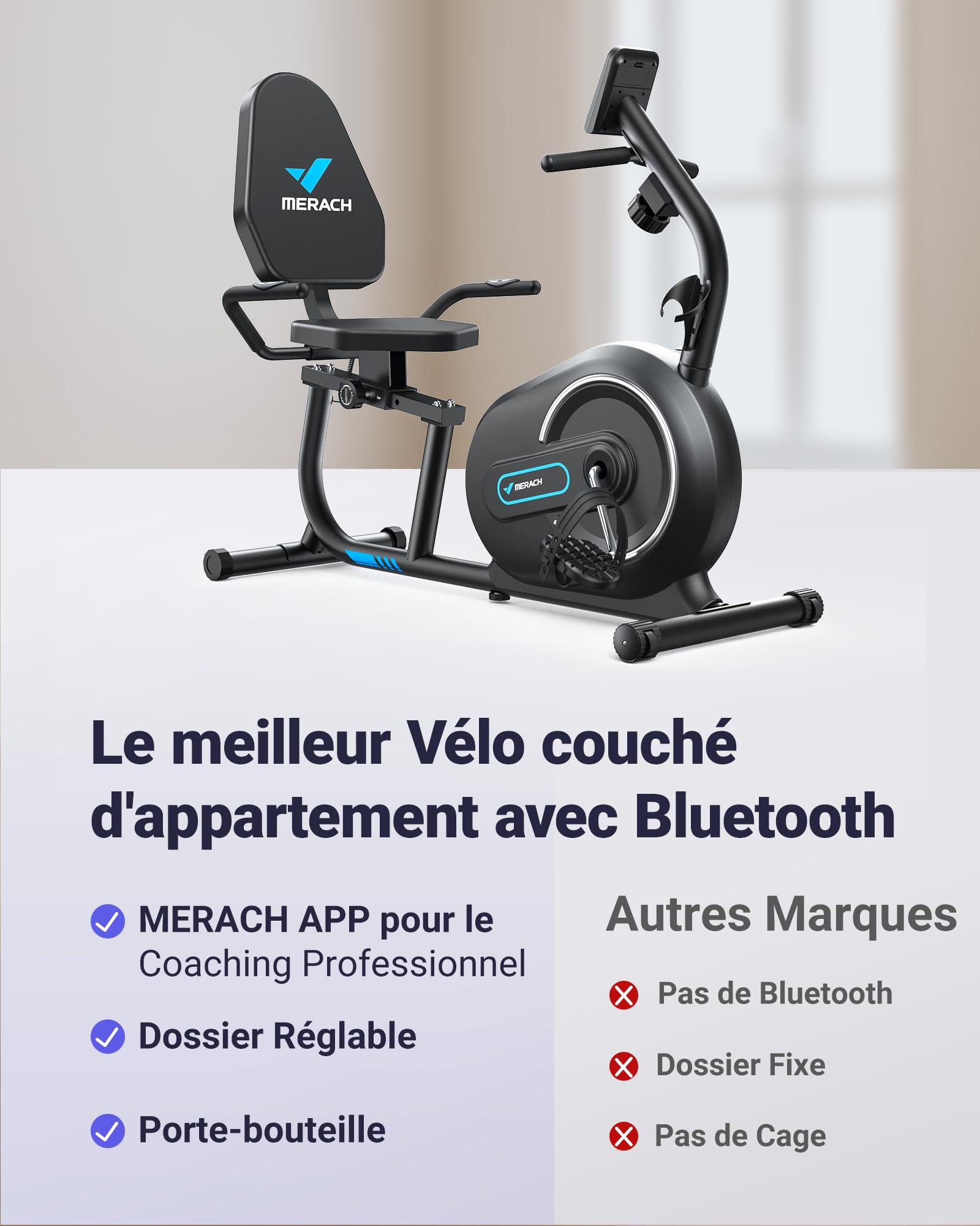 MERACH Vélo d'Appartement, Vélo Couché Magnétique avec 8 Niveaux de Résistance Réglables, Vélo de Fitness avec Écran LCD, Poignées de Fréquence Cardiaque, Capacité de Charge de 136 kg