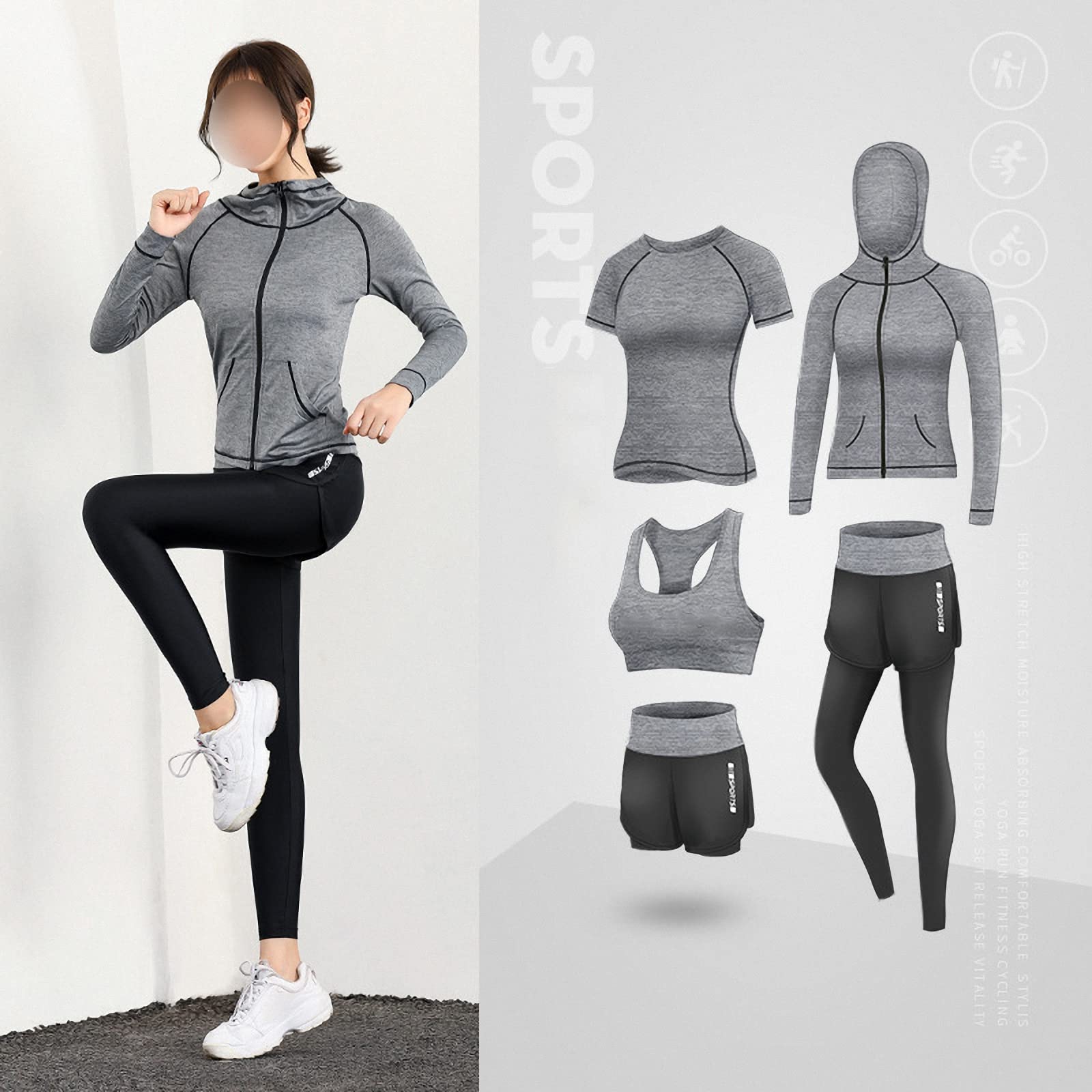 5-częściowy damski dres fitness, joga dla początkujących odzież na siłownię, do biegania na co dzień szybkoschnące legginsy, styl 13, 3XL