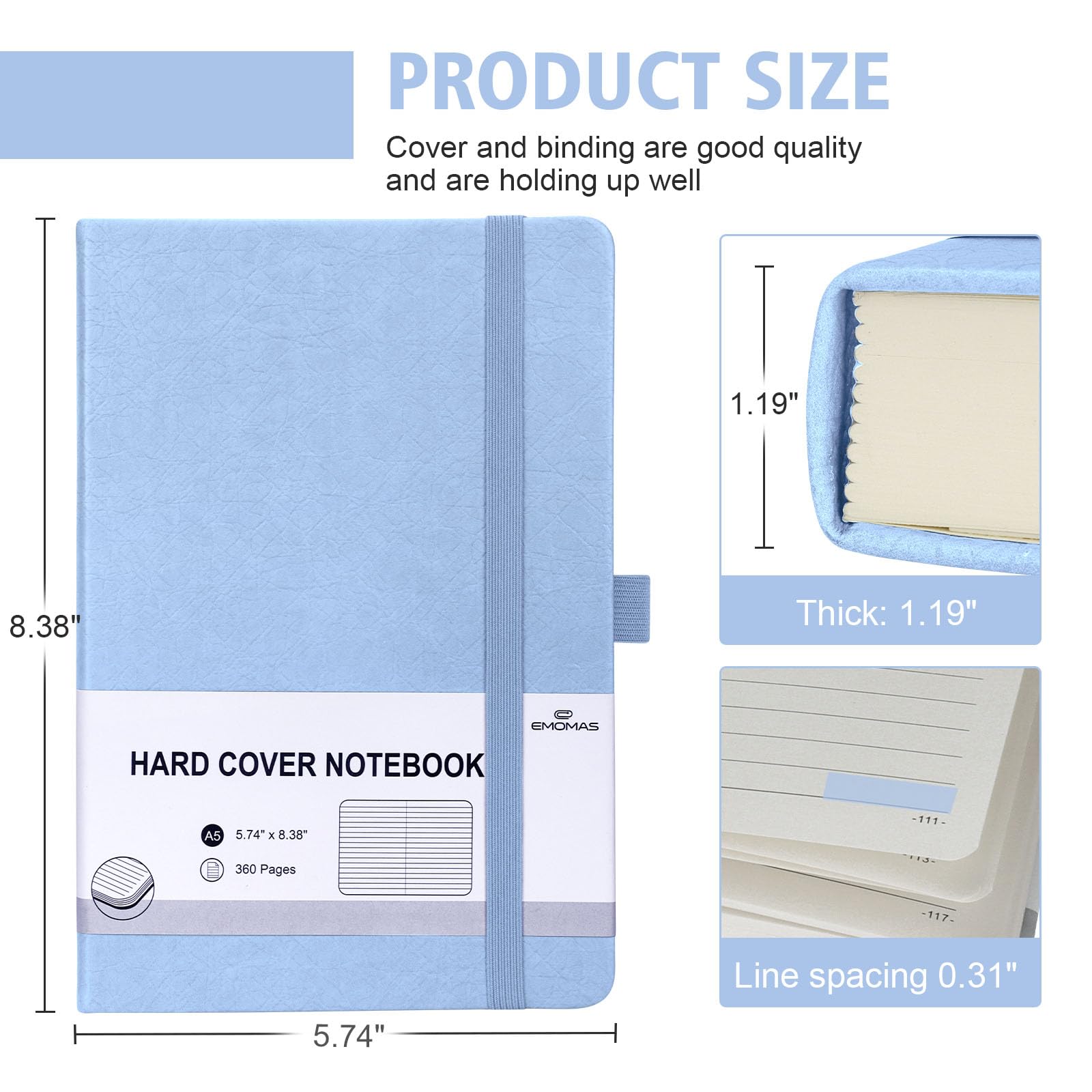 Condition photo showing New/Like New for Lined Journal Notebook, 360 Numbered Pages(With page number), Thick Journal for Writing A5 College Ruled Notebook, 100gsm Lined Paper, Leather Hardcover, 5.75'' X 8.38''-1 Pack, Sky Blue
